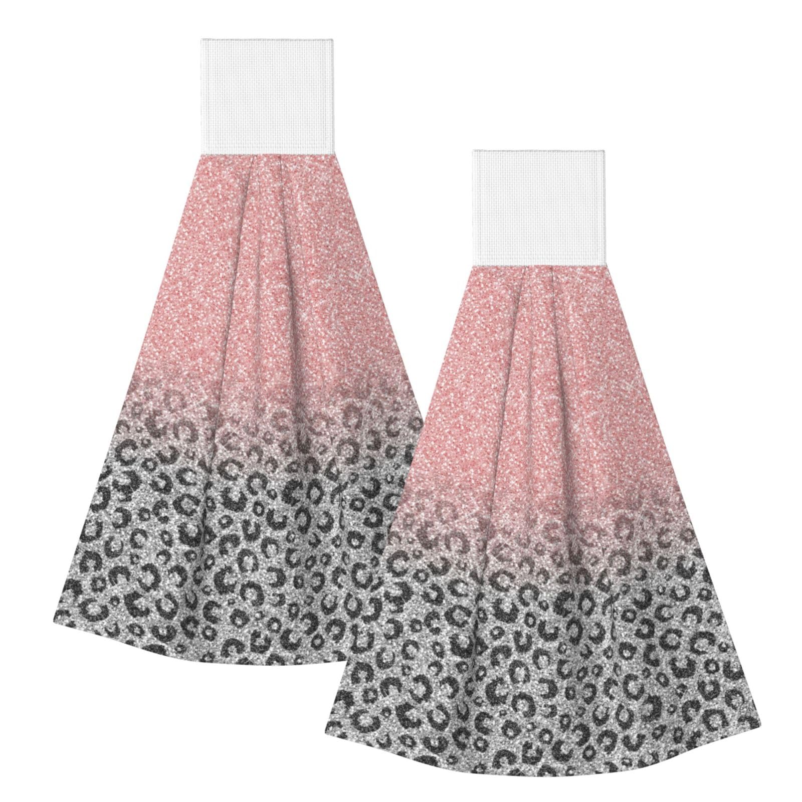 DOPKLNA Rose Gold Silver Glitter Leopard Print, 2 Pcs Hanging Coral Fiber Hand Towels for Bathroom, Absorbent Kitchen Towels