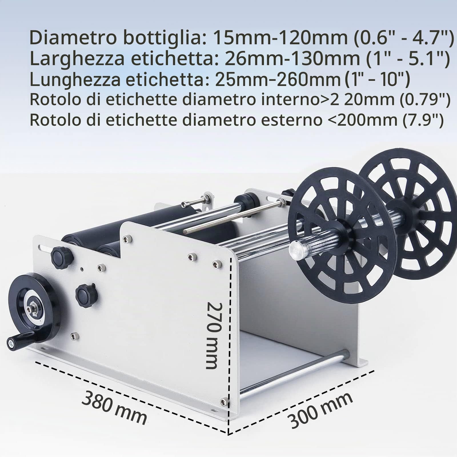 SUSEMSE, Etichettatrice per bottiglie tonde MT-30, semiautomatica, applicatore manuale regolabile, per etichette autoadesive per lattine e bottiglie