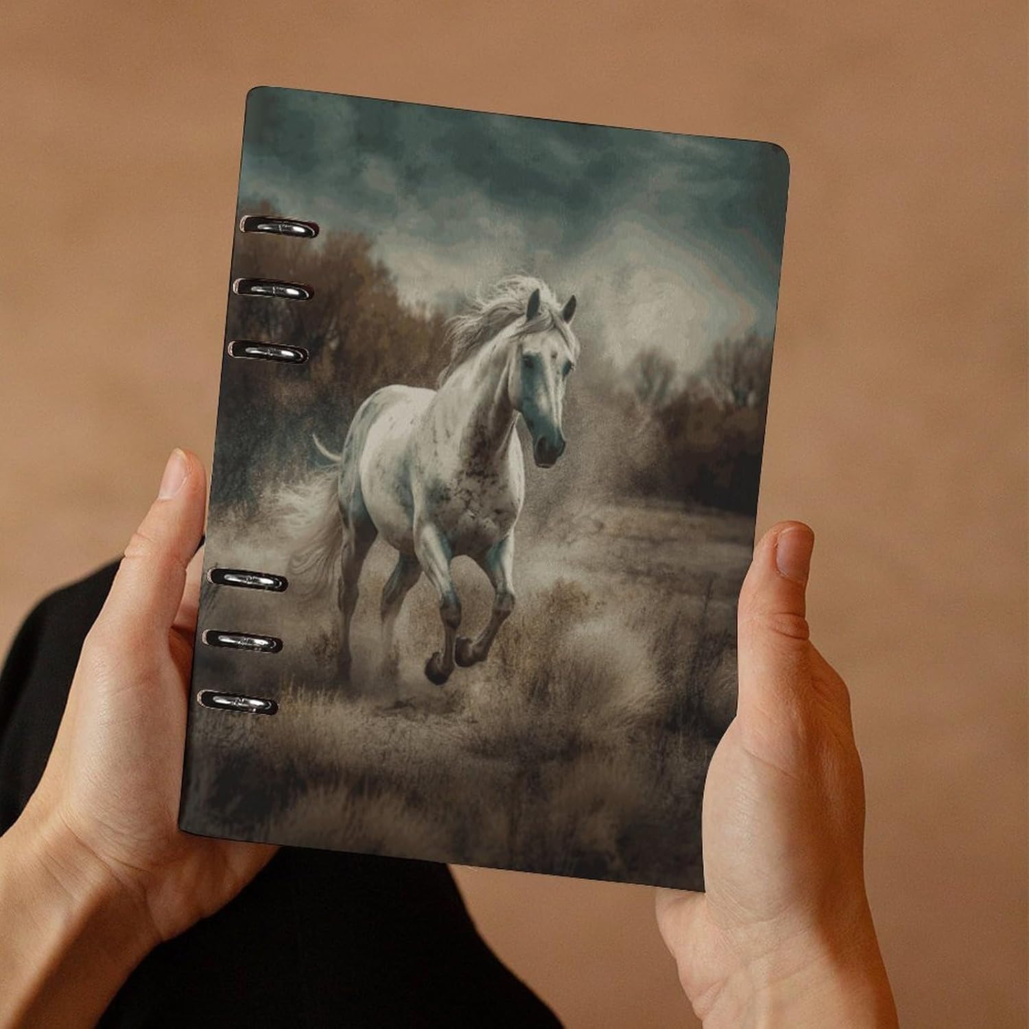 FekiLoot Horse Running in Field Notebook 6-Ring Professional Notebook PU Leather Water Resistant Cover Planner Book A5 Binder Journaling for Work Note Taking Writing Women Men