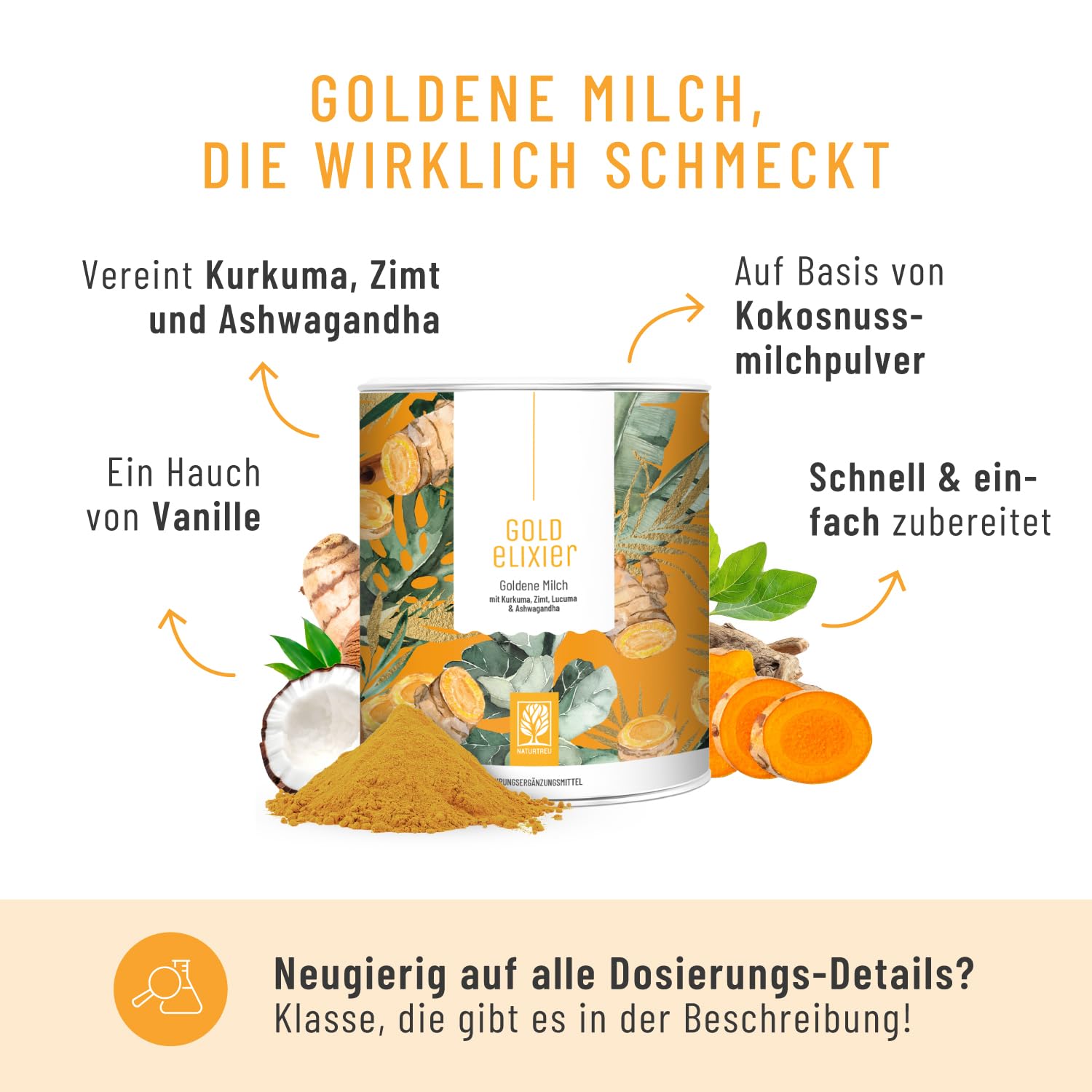 NATURTREU Goldelixier Goldene Milch Pulver - Kurkuma Latte - 600 g - Golden Milk mit Curcuma Ashwagandha & Zimt - Vorteilsbundle 2er Paket - vegan
