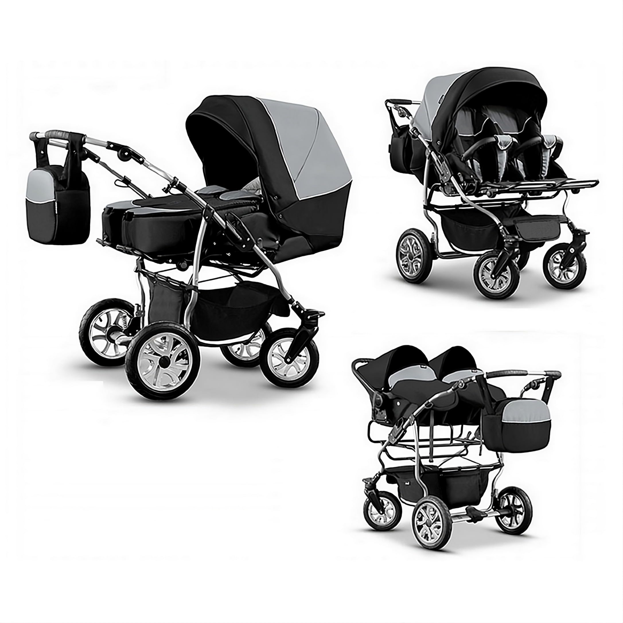 Passeggino gemellare 3 in 1. Passeggino e accessori in 3 pezzi: 2 navicelle + 2 passeggini + 2 ovetti + accessori. BBtwin DUET TRIO graphite
