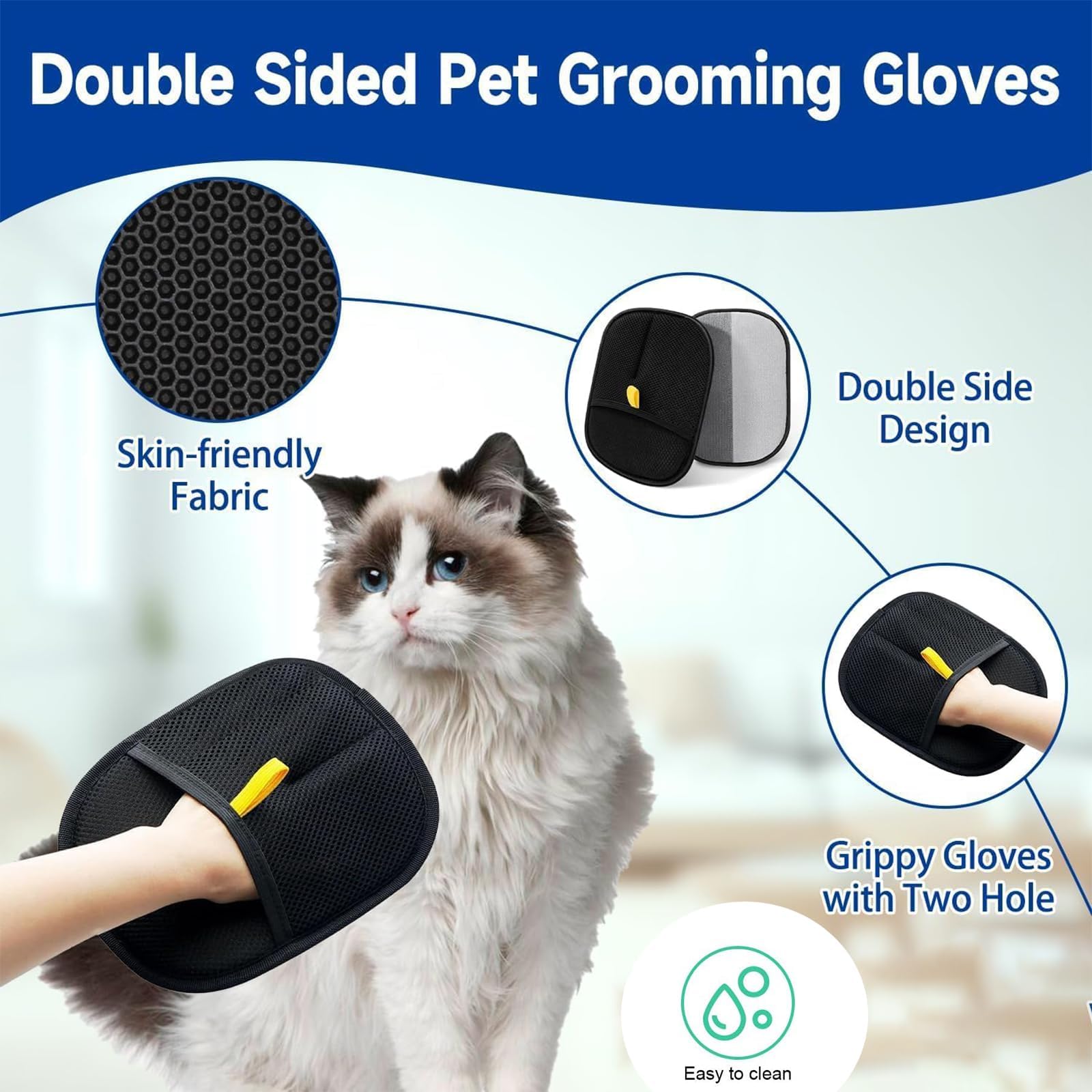DtgEcd 3Pcs Cat Grooming Glove, Static Removal Gloves Pet Hair, Dog Washing Gloves, Double Sided Pet Grooming Gloves - Image 3