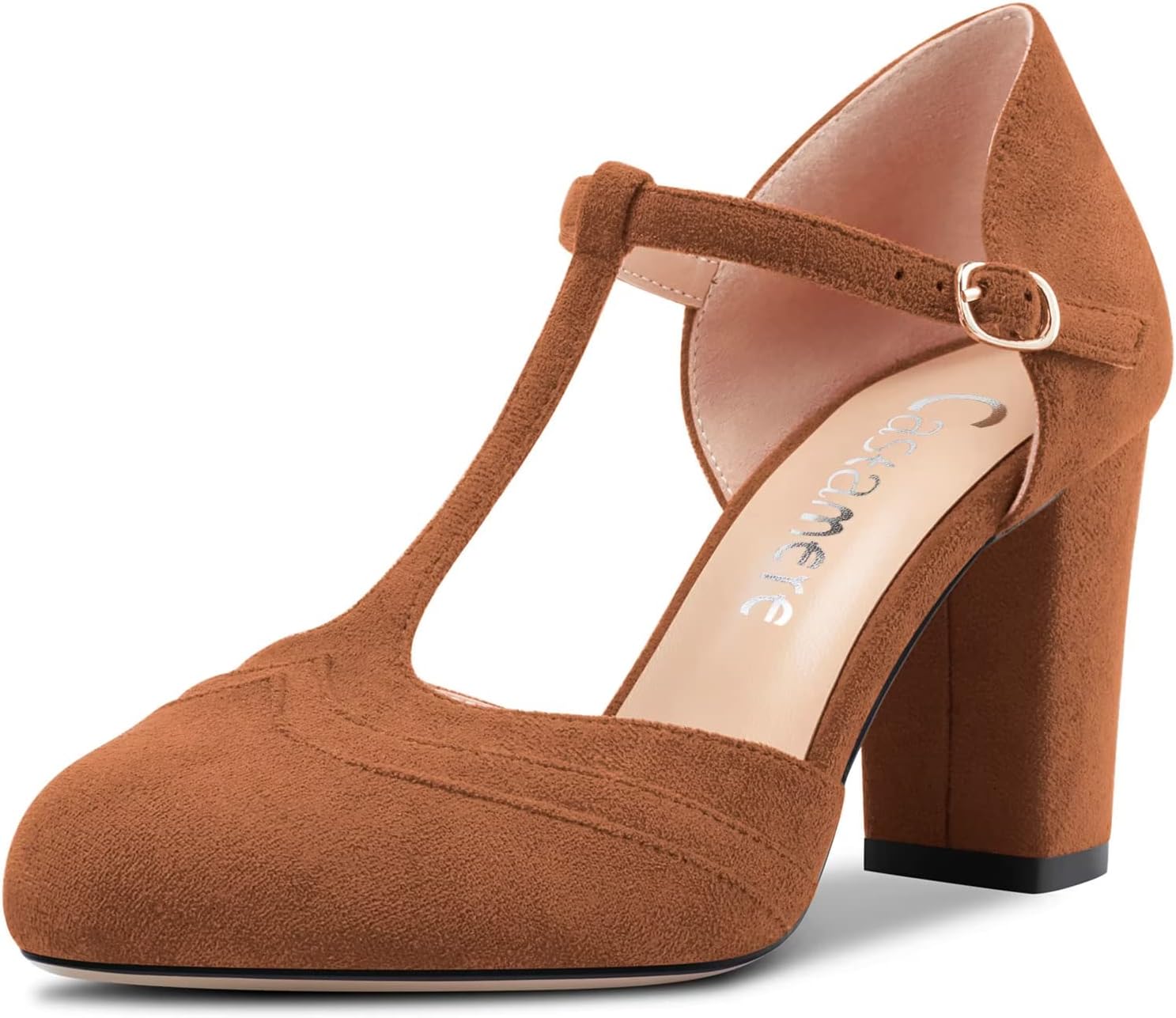 Castamere Women Chunky Block High Heel Round Toe Pumps T-Strap Buckle Wedding Office 3.3 Inches Heels