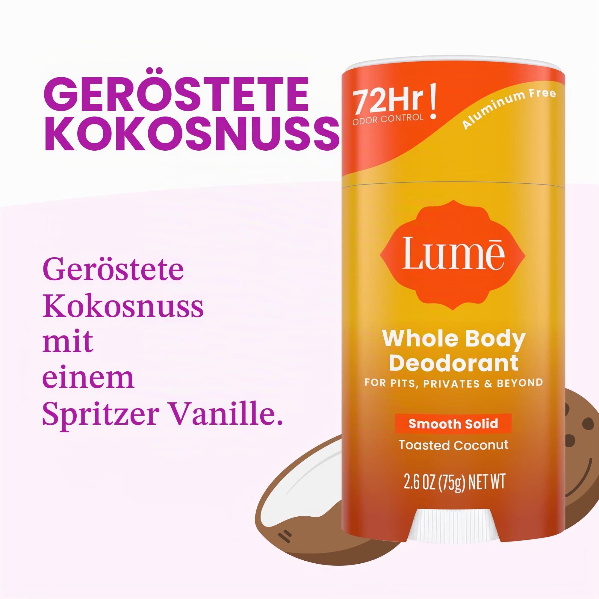 Lume Solid Deodorant Stick - Whole Body Deodorant - Aluminum-Free, Baking Soda-Free, Hypoallergenic, Safe For Sensitive Skin - 2.6 Ounce Solid Stick (Coconut Crush)