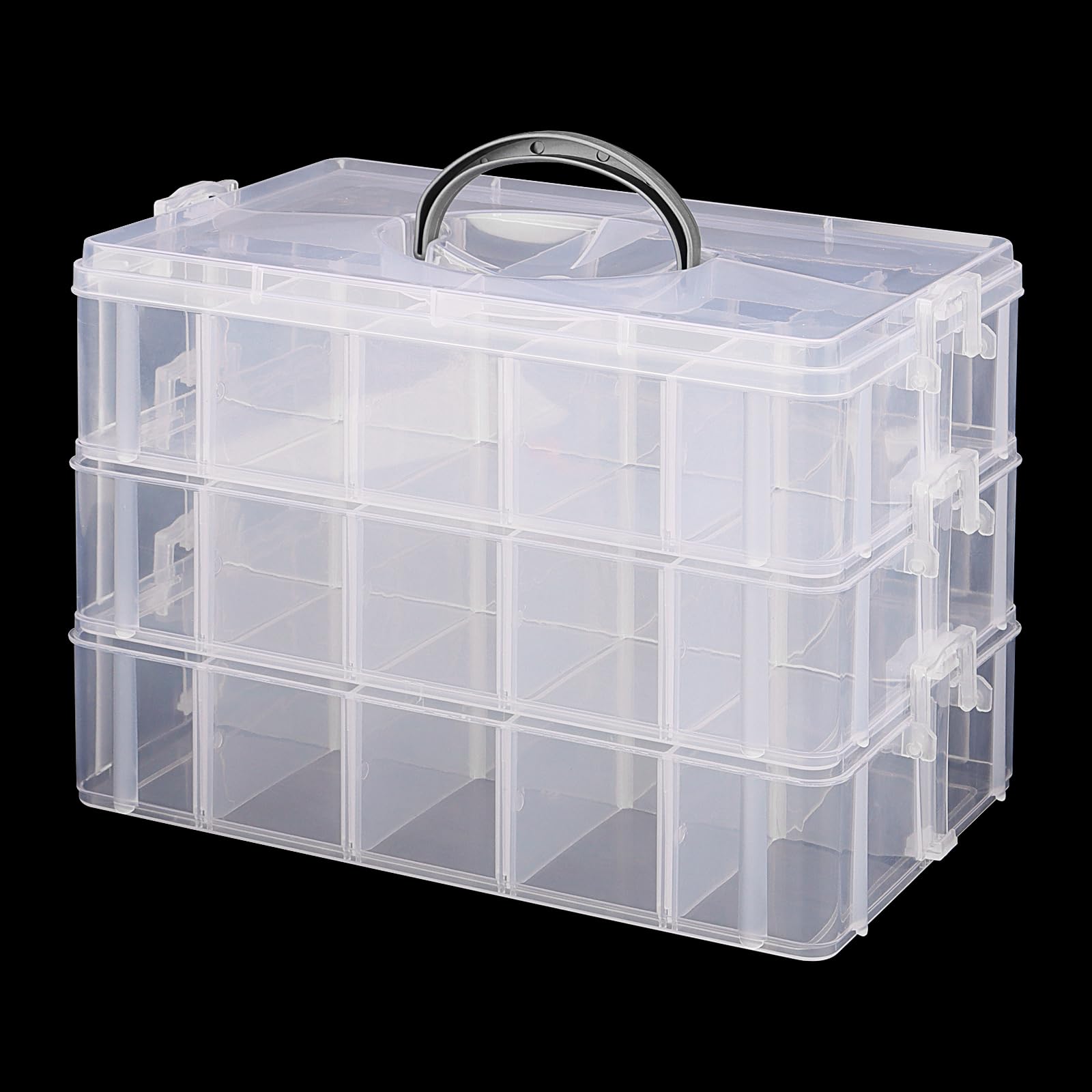 Manchap Clear 3 Tier 30 Sections Plastic Stackable Storage Box With Handle, Craft Storage Box With 30 Adjustable Compartments For Crafts, Sewing Accessories, Jewelry