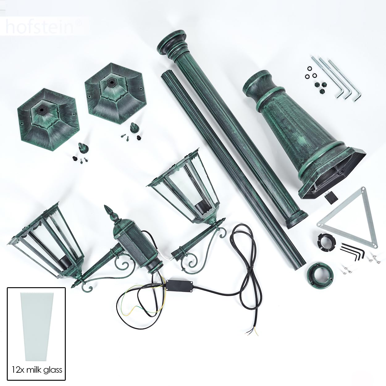 HOFSTEIN Lampa drogowa zewnętrzna Hong Kong, lampa ścieżki z metalu/szkła w kolorze czarno-zielonym/mlecznym kandelabr ze szkła antycznego, wysokość maks. 245 cm, oświetlenie ogrodowe IP44, 2 x E27,