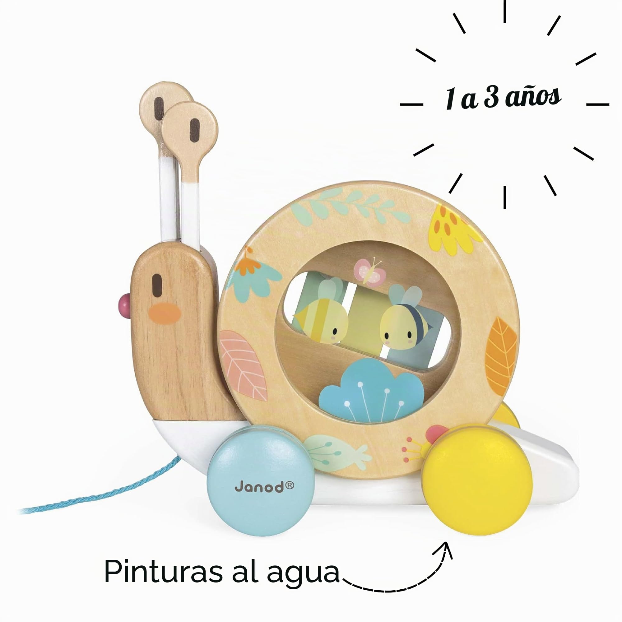 Janod - Caracol de Madera Que Gira al Caminar - Juguete de Madera con Xilófono y Pandereta - Pintura al Agua - Juguete Educativo de Despertar Musical - A Partir de 1 Año, J05159