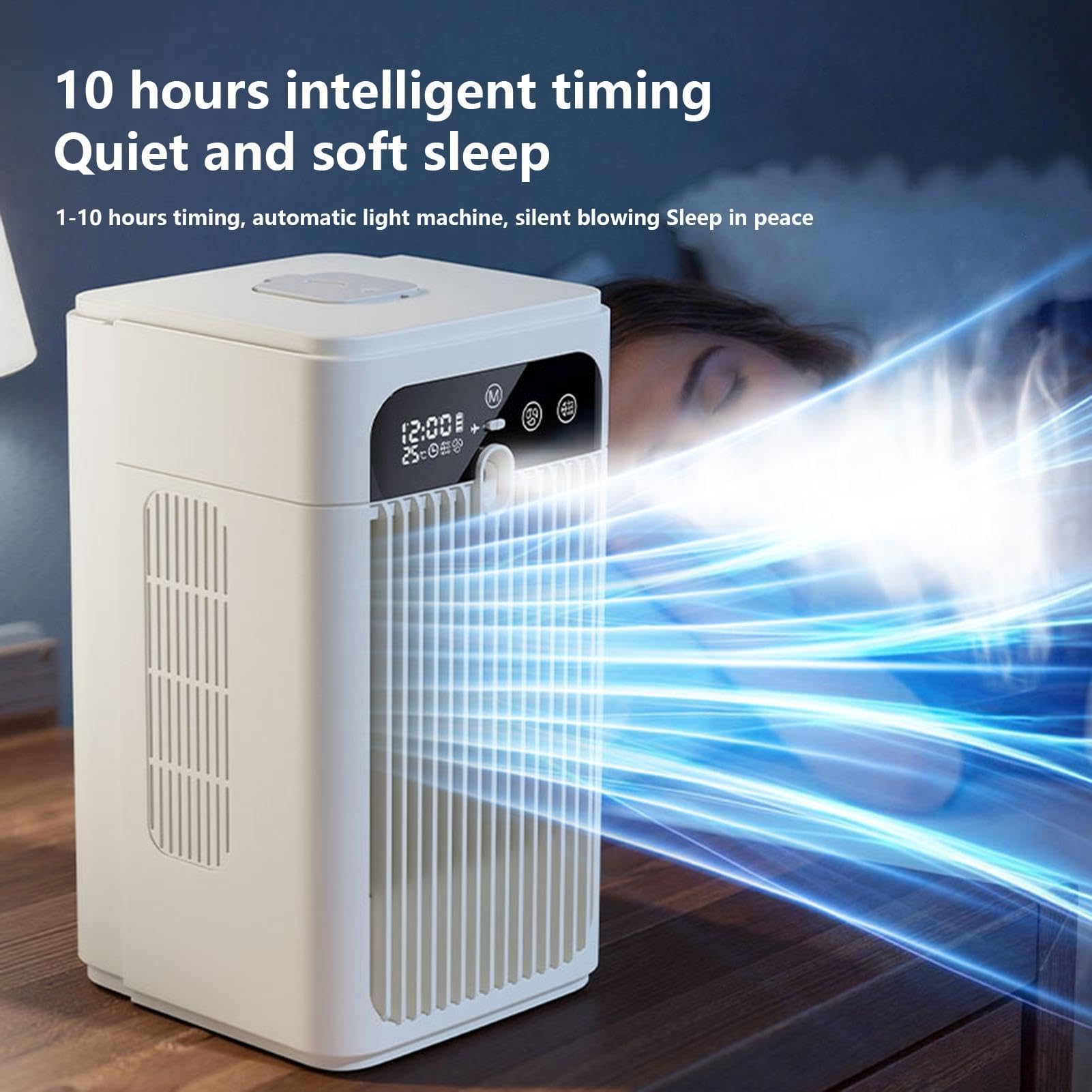 Raffrescatore d’Aria Evaporativo, Ventilatore di Raffreddamento da Scrivania Portatile con Regolazione della Velocità del Vento e Umidificazione, Timer da 1 a 10 h e Serbatoio d’Acqua da 500 ml