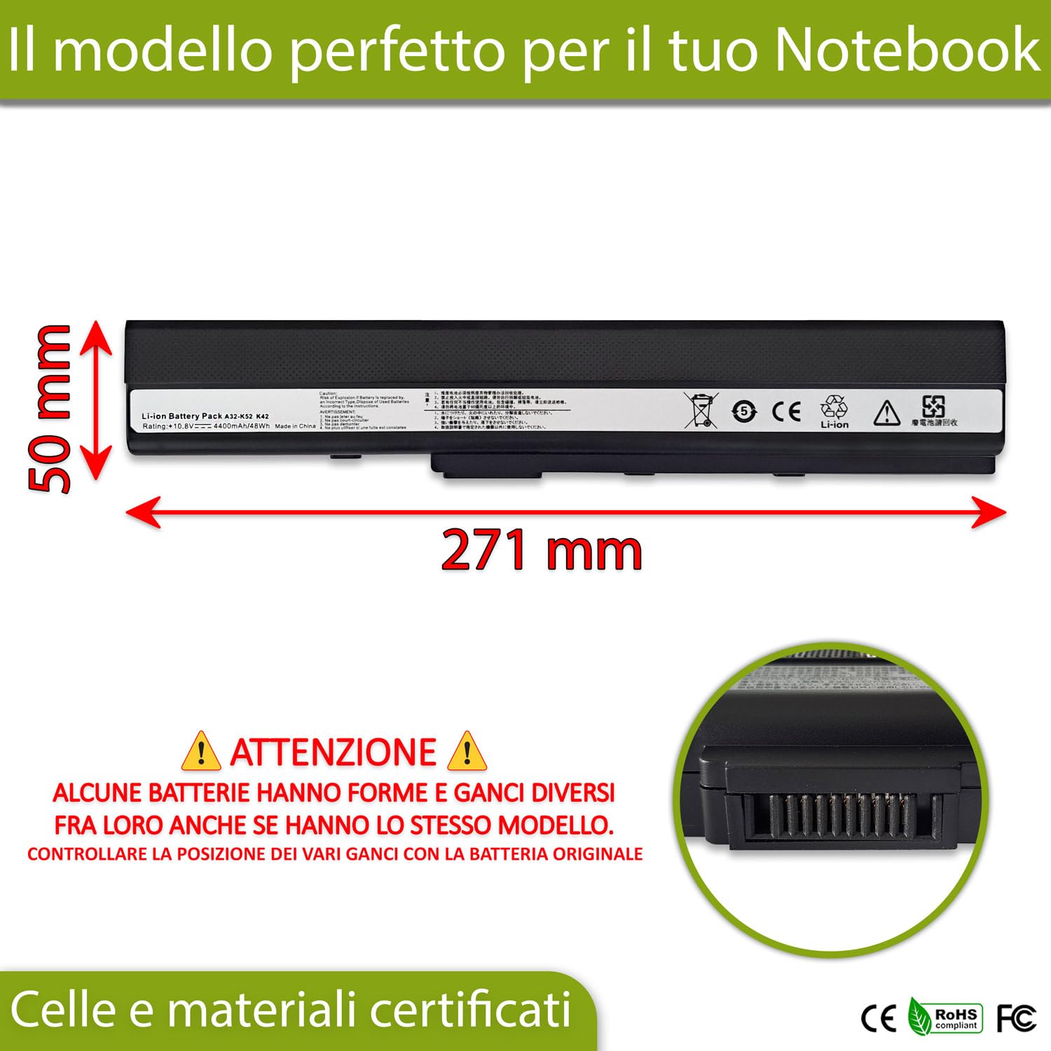Batteria 5200mAh compatibile con PC portatile Asus X52F, X52J, X52JB, X52JC, X52JE, X52JG, X52JK, X52JR, X52N sostituisce A31-K42, A32-K42, A31-K52, A32-K52, A41-K52, A42-K52, 70-NXM1B2200Z, 90-NYX1B1000Y