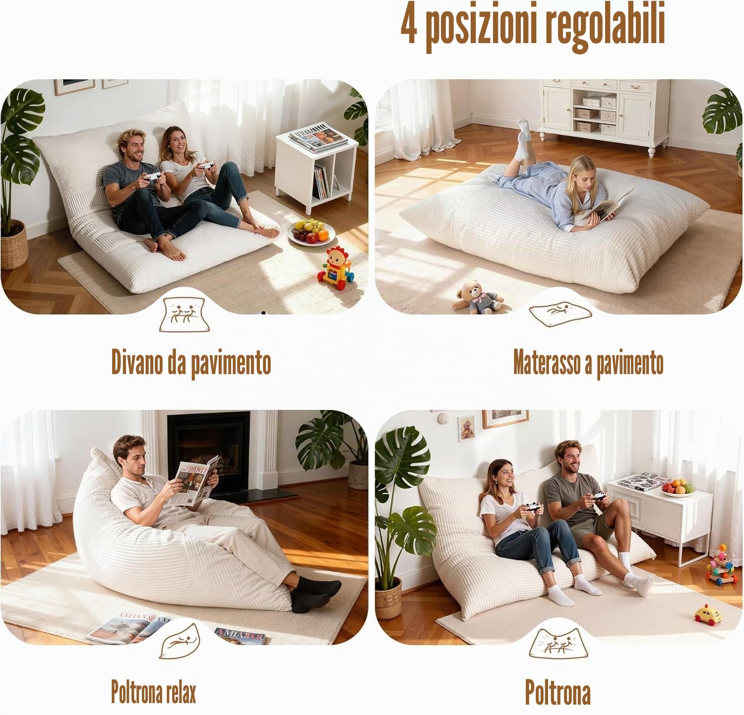 NALONE Pouf Poltrona Sacco, 4-in-1 XXXL Pouf a Sacco Puffo per Sedersi Ergonomico in Memory Foam 195 cm, Letto da Pavimento con Rivestimento Peluche Lavabile (Grigio)