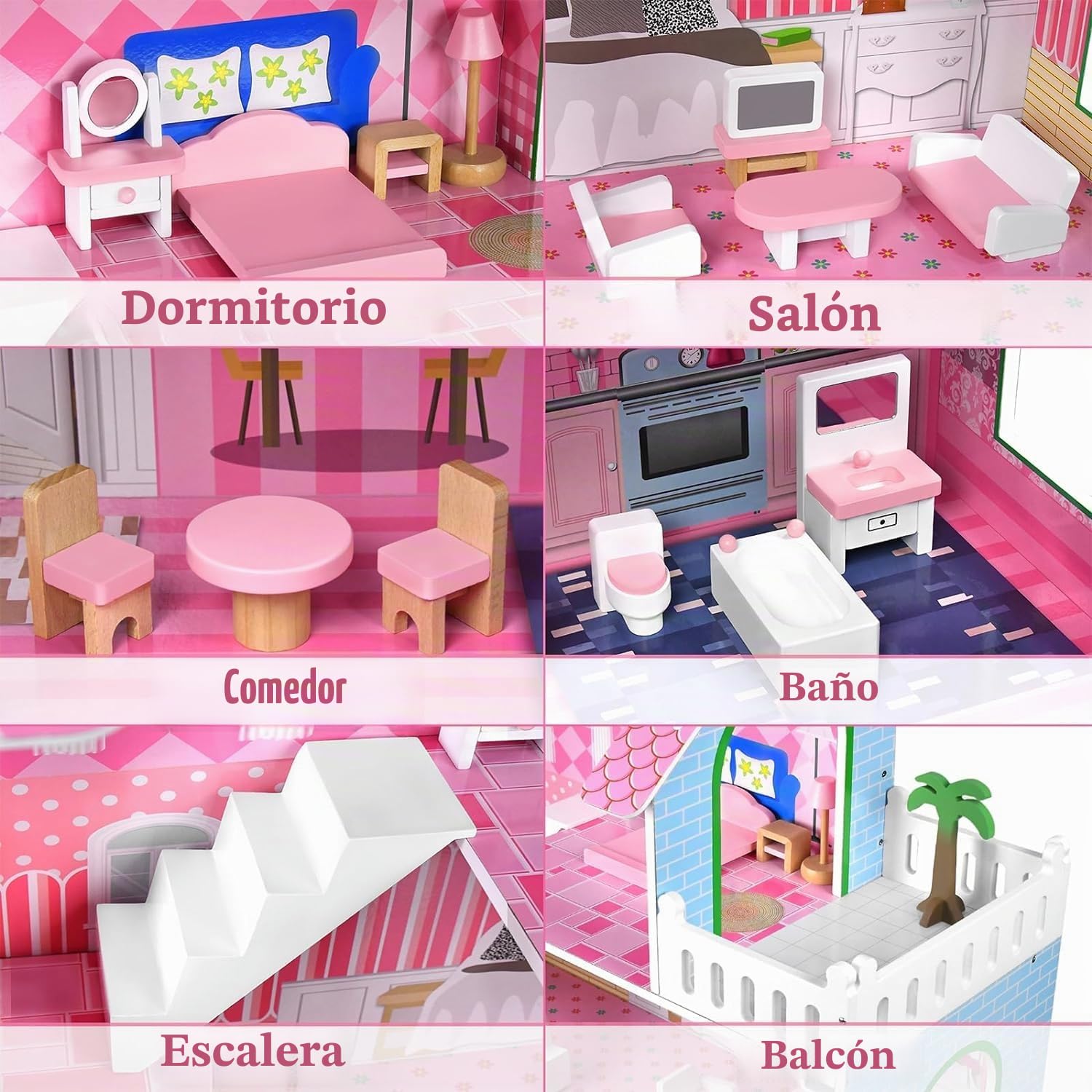 HENGMEI Casa de Muñecas de Madera para Niños Conjunto de Villa de Muñecas Dollhouse Set Juego para Niñas 3 Pisos Casa con Muebles y Accesorios, 70x30x100cm Casas de Muñecas para Niños (Tipo B)
