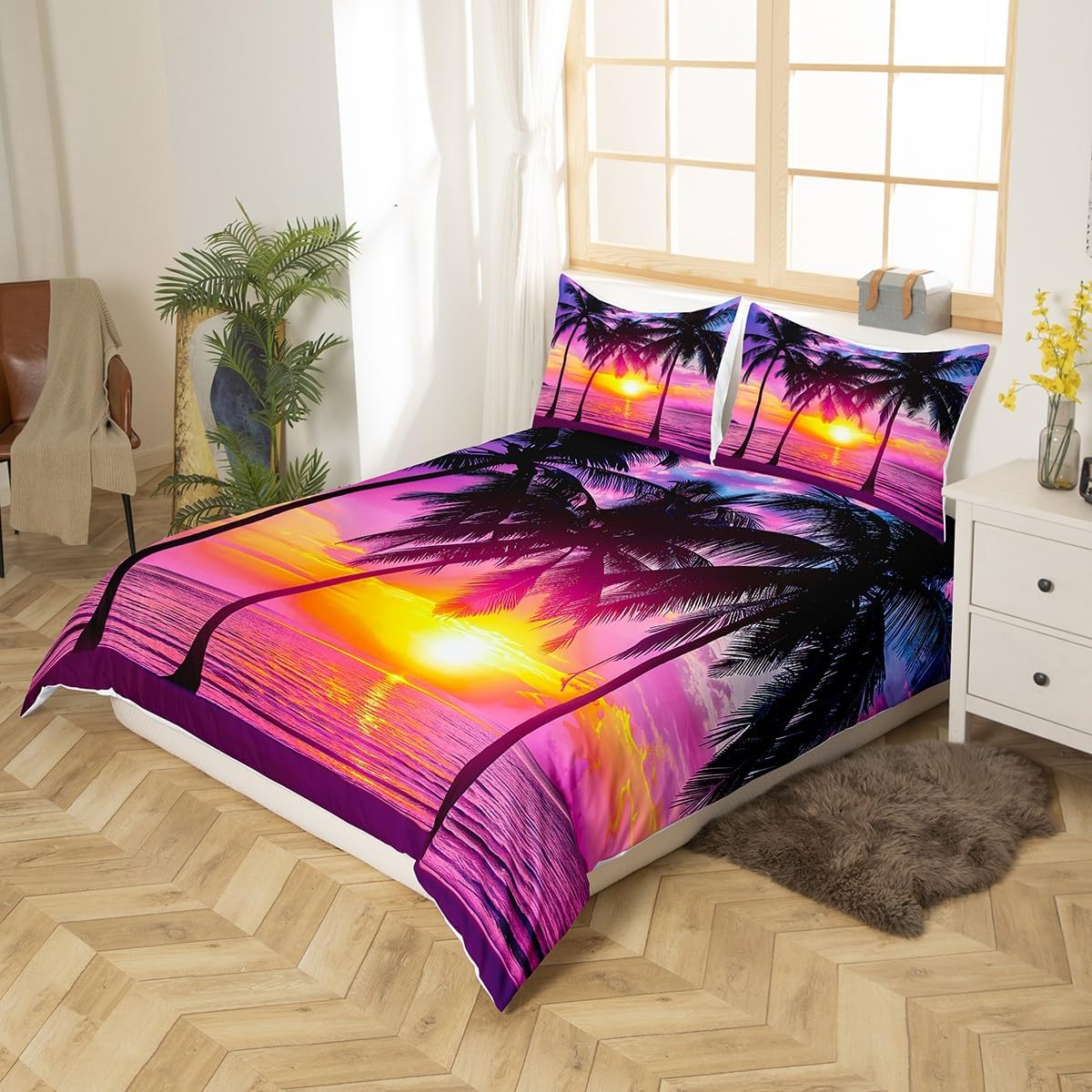 Feelyou Palm Trees Bedding Set Tropical Seaside Duvet Cover Kids Boys Girls Ocean Sealife Comforter Cover Hawaiian Sunset Scenery Purple Decor Bedspread Cover with 2 Pillowcases 3Pcs Bedding King
