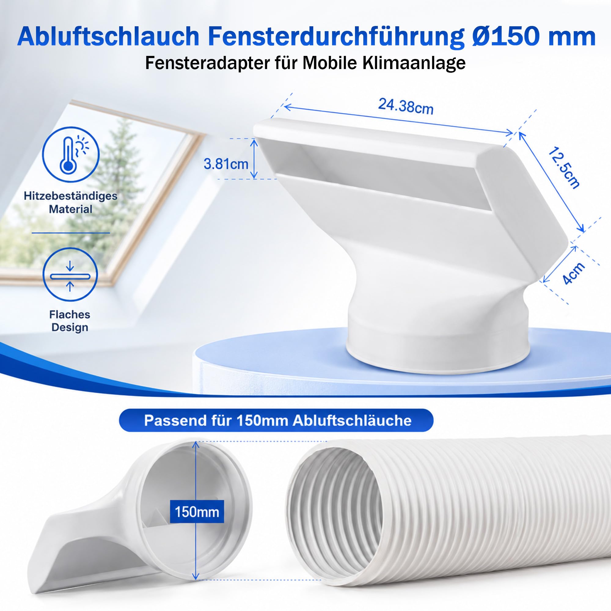 Enhon Fensteradapter Klimaanlage Abluft Ø150 mm, Klimaanlage Fensterabdichtung mit adaptivem Montagesystem, Fensterdurchführung für Kippfenster & Dachfenster, flache Öffnung 24,38 × 3,81 cm