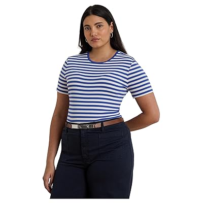 Lauren Ralph Lauren Plus Size Striped Stretch Cotton Crewneck T Shirts Women