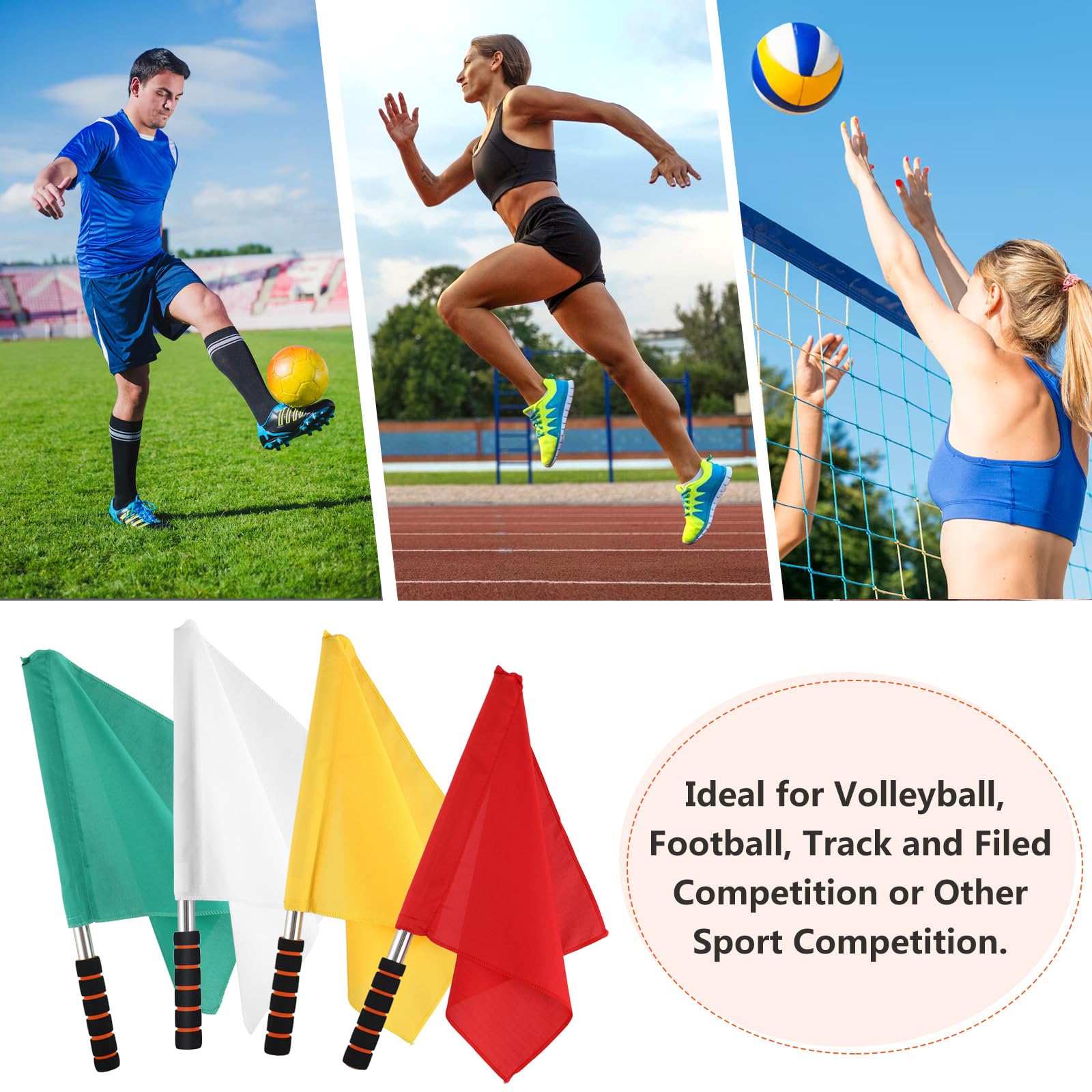 Lot de 4 drapeaux d'arbitre en acier inoxydable avec poignée en éponge pour compétition de football, de volleyball, de compétition (jaune, rouge, vert, blanc)