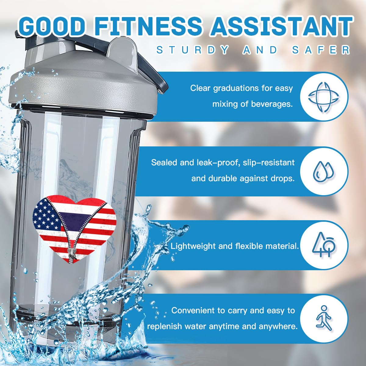Heart America Flag and Thailand Flag 18 Ounce Shaker Cup,Fashion Theme Pattern Shaker Bottle Leak-proof Workout Shake Bottles 500ML/18 oz Perfect for Pre Workout