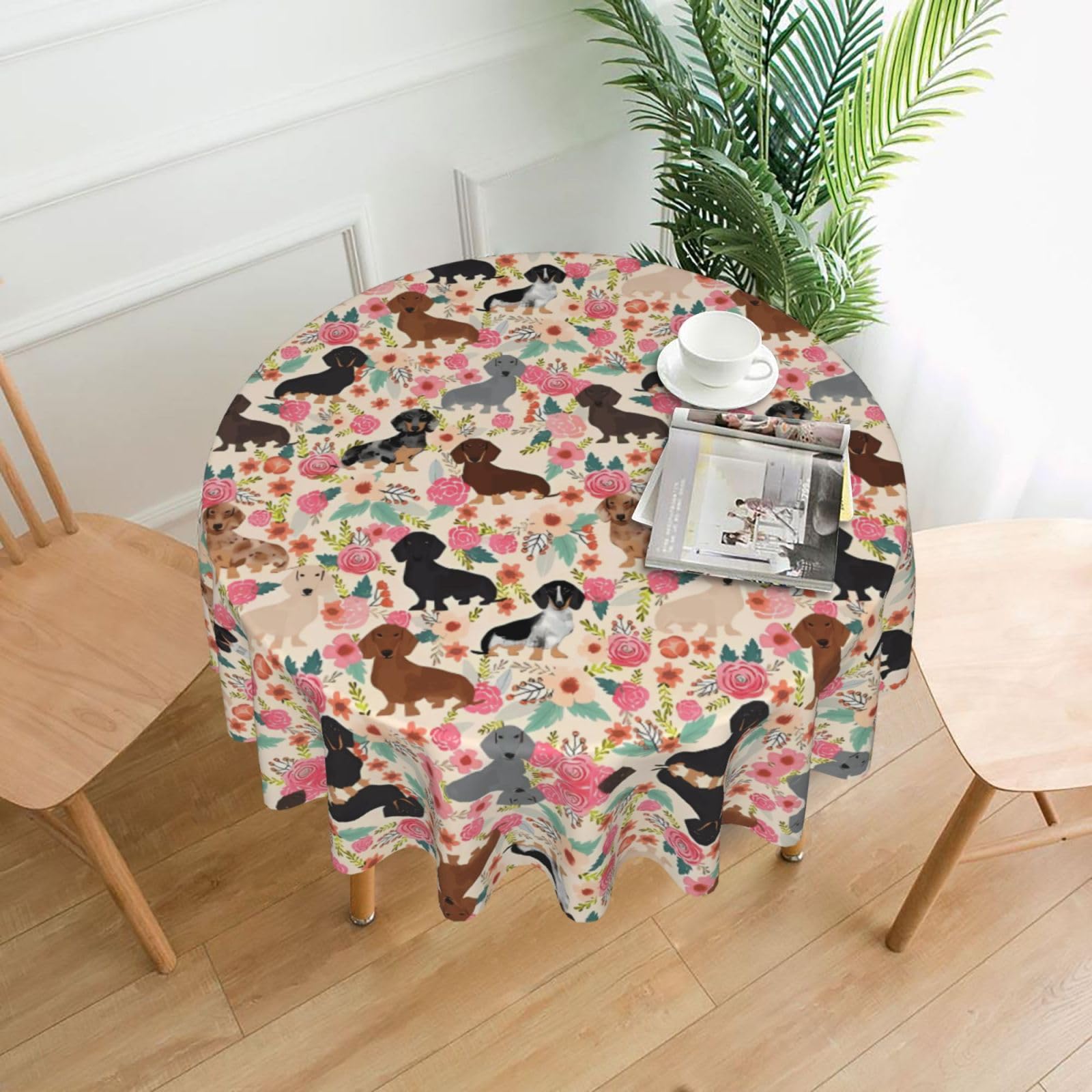 YYHHAOFA dachshund Prints 60in Round Decorative Tablecloth – High-Grade Polyester Throw Cover for Dining, Parties, and Outdoor Events