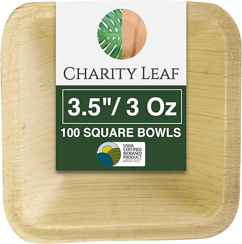 Mini tazón cuadrado de hoja de palma desechable de 3.5 pulgadas (100 piezas)  Como bambú  Todo natural y biodegradable  Tablas de embutidos,