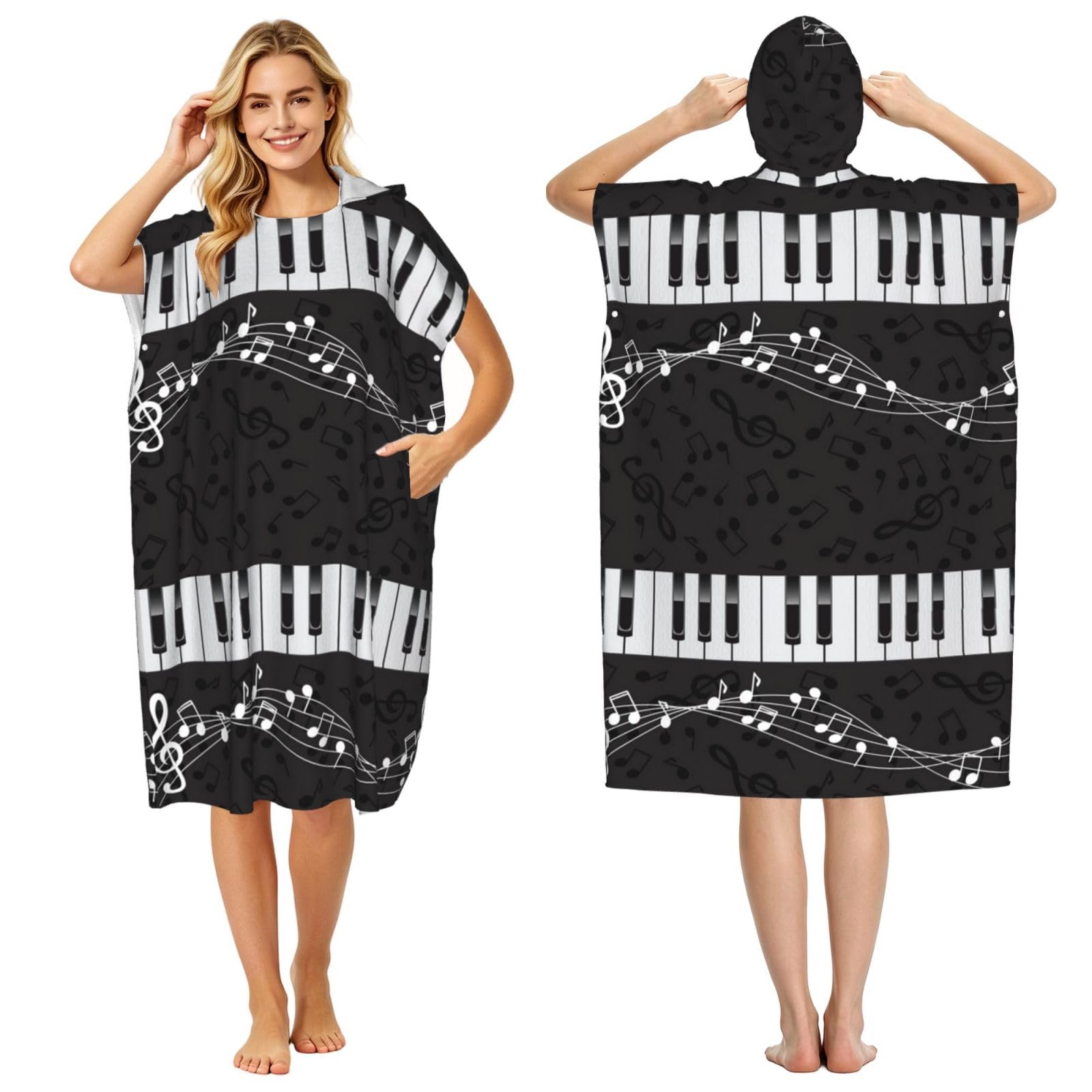 Poadnly Piano Black Musical Notes, Adult Hooded Beach Towel 90 x 110 cm,Changing Bath Robe, Surf Poncho Towel For Women Men