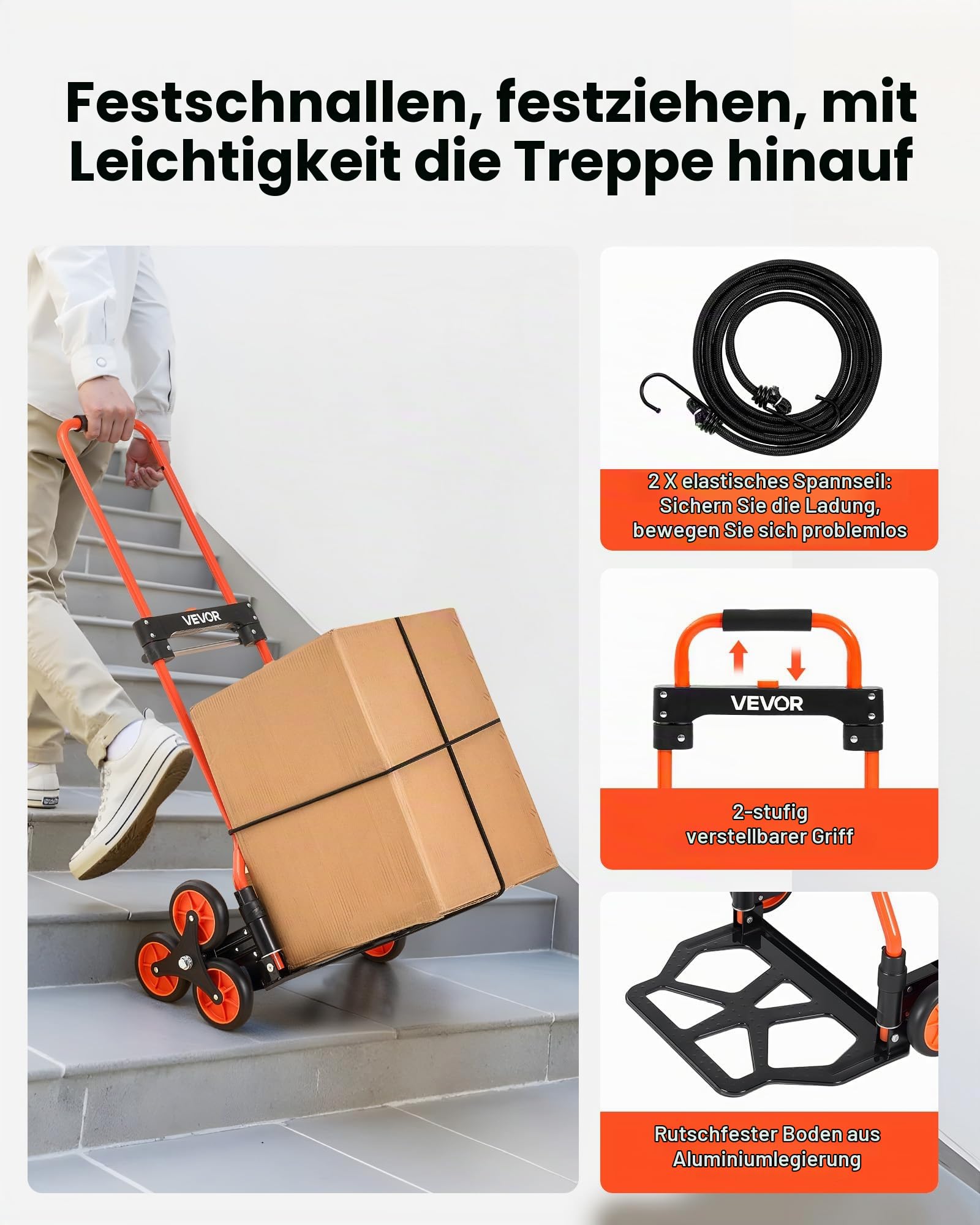 VEVOR Treppensackkarre klappbar, Sackkarre 54 kg Tragkraft, Treppensteiger mit Teleskopgriff, 6 Rädern & 2 Spanngurten, Transportkarre, Treppenkarre, ideal für Haushalt, Einkauf & Lager
