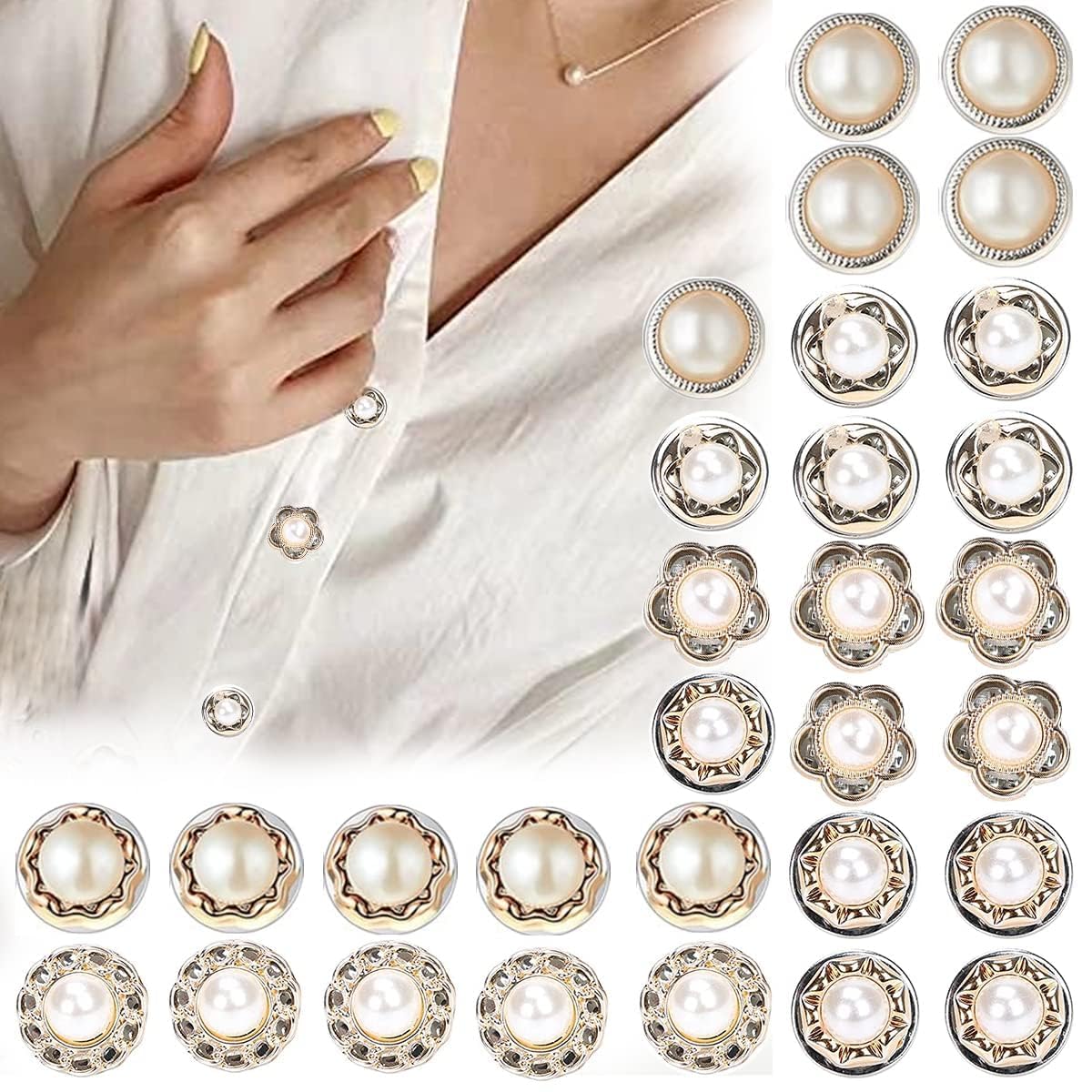 JHBK 30 Pcs Pearl Brooch Buttons for Women | No Sew Shirt Button Pins | Anti Exposure Blouse & Kurti Safety Button | Removable Pearl Button Pins for Sweater, Cardigan, Hijab