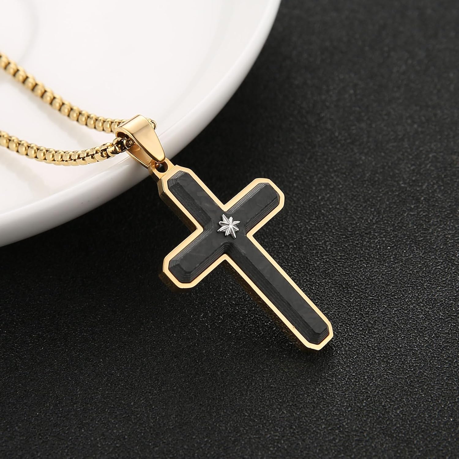 HZMAN Carbon Fiber Cross Necklace for Men Stainless Steel Christian Crucifix Pendant Includes Necklace 22+2" Box Chain - Image 3