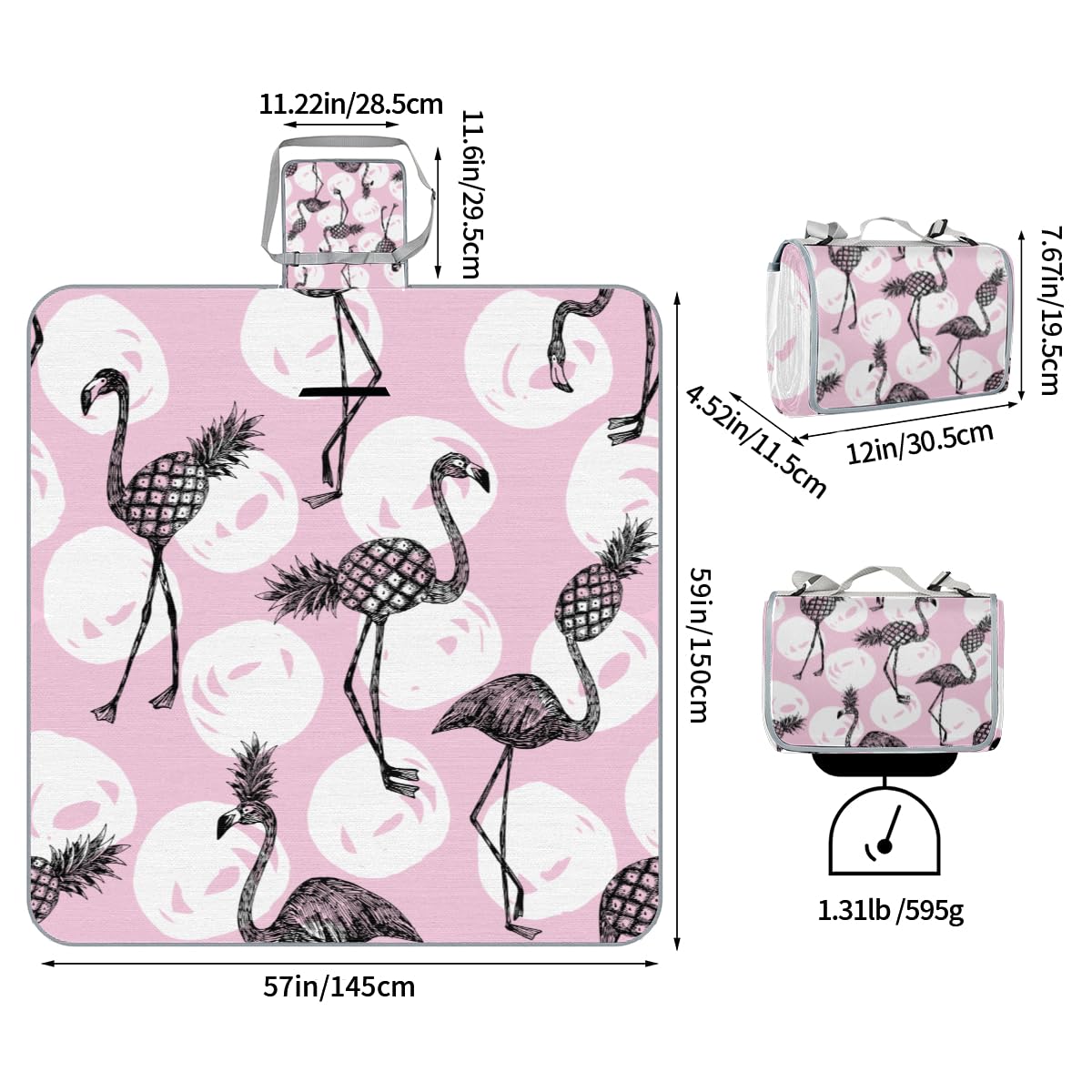 Shimoshe Picnic Blankets 57”x 59”, Pineapple Flamingo Waterproof Sandproof Picnic Mat Lightweight Foldable Beach Blanket for Camping Park Grass Beach Outdoor Blanket A1