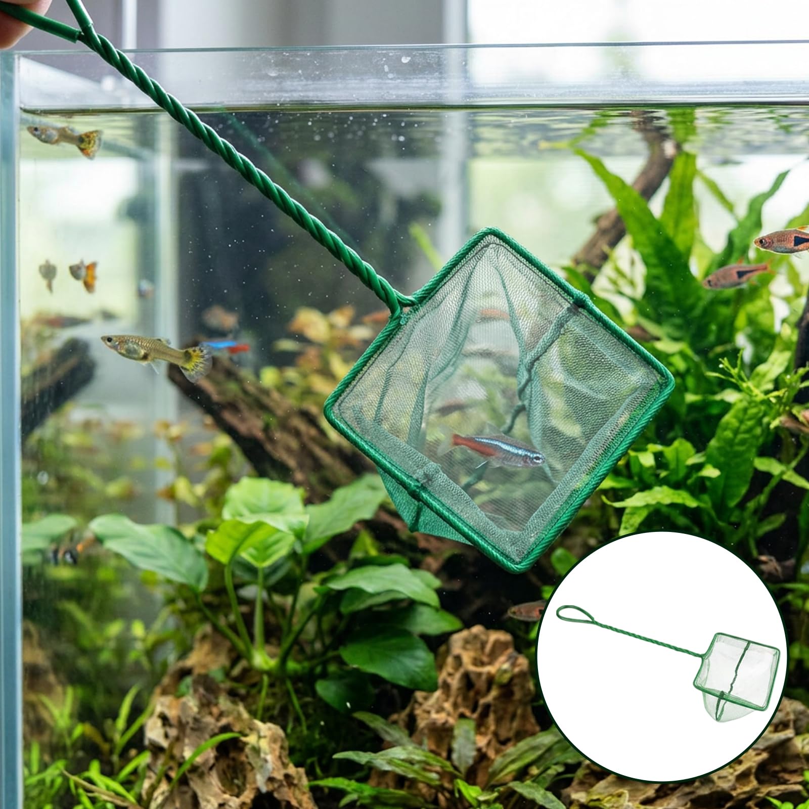 4 Stück Aquarium Kescher Klein, 3 Zoll Aquarium Fischnetz aus Weichem Nylon, Rostfreier Griff für Kleine Fische, Garnelen und Becken Reinigung