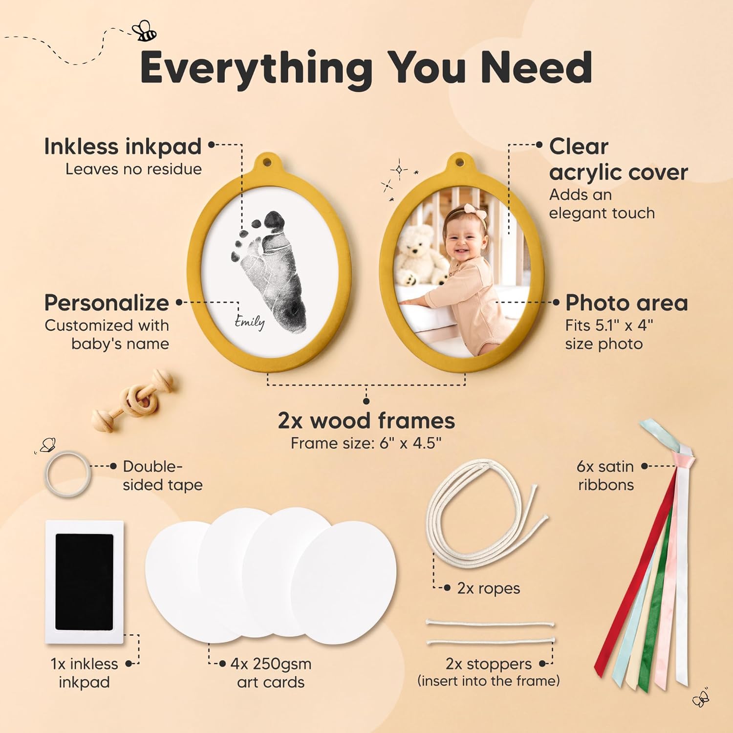 KeaBabies Inkless Baby Hand and Footprint Ornament Kit and Baby Hand and Footprint Kit - Two-sides Baby Footprint Kit, Personalized Baby Gifts Photo Frame - Baby Footprint Kit, Baby Keepsake
