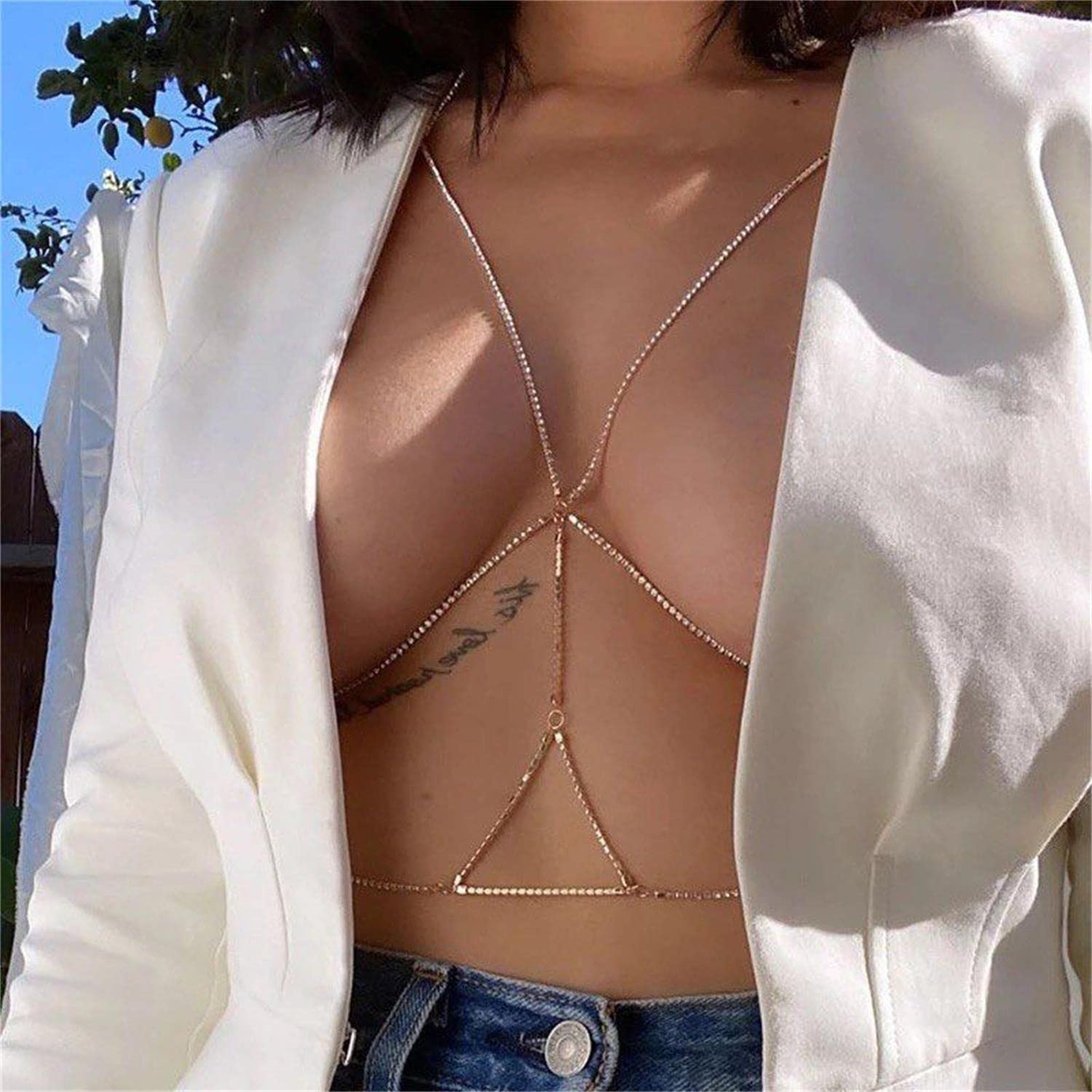 RWRAPS Sexy Kette für Damen, Brustkette, Diamanten, Strand-BH-Kette, Kristall-Bikini-Dessous-Dekoration, golden