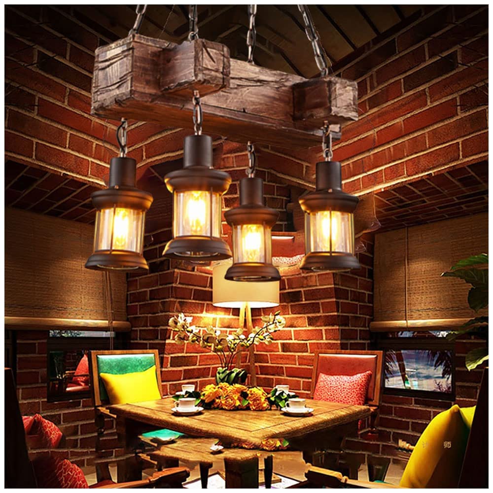 Lampka sufitowa Rustic Rustic żyrandol Lampy drewniane przemysł 4 światła sufitowa wisząca wisząca światło, przemysłowe wyposażenie oświetleniowe jadalnia sypialnia dekoracja hotelowa