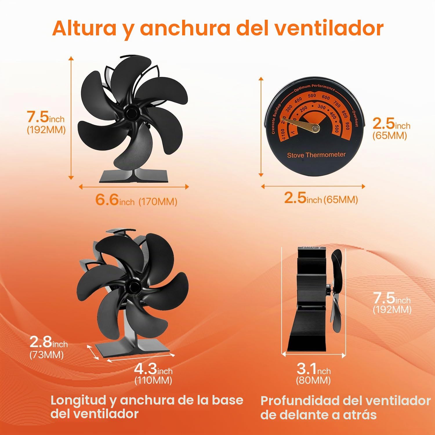 Ventilador de chimenea, 6 aspas, ventilador de horno, chimenea eléctrica, estufa, ventilador de estufa de calor, gran espacio para estufa, estufa de leña, ecológico sin electricidad (6 cuchillas)