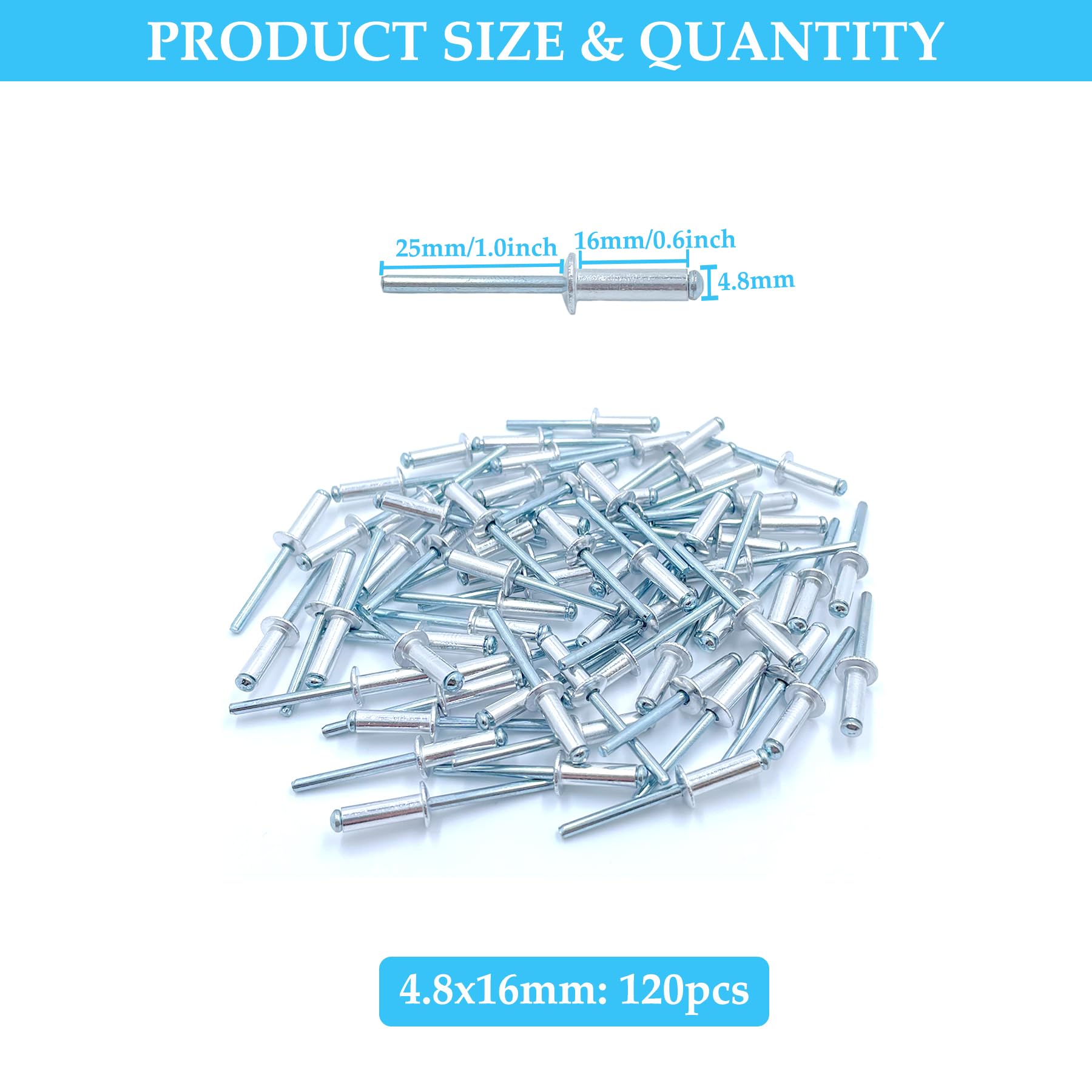 120 rivetti ciechi in alluminio 4,8 x 16 mm, grande flangia rivetti pop, rivetti in alluminio per veicoli a motore, mobili, attrezzature meccaniche (argento)