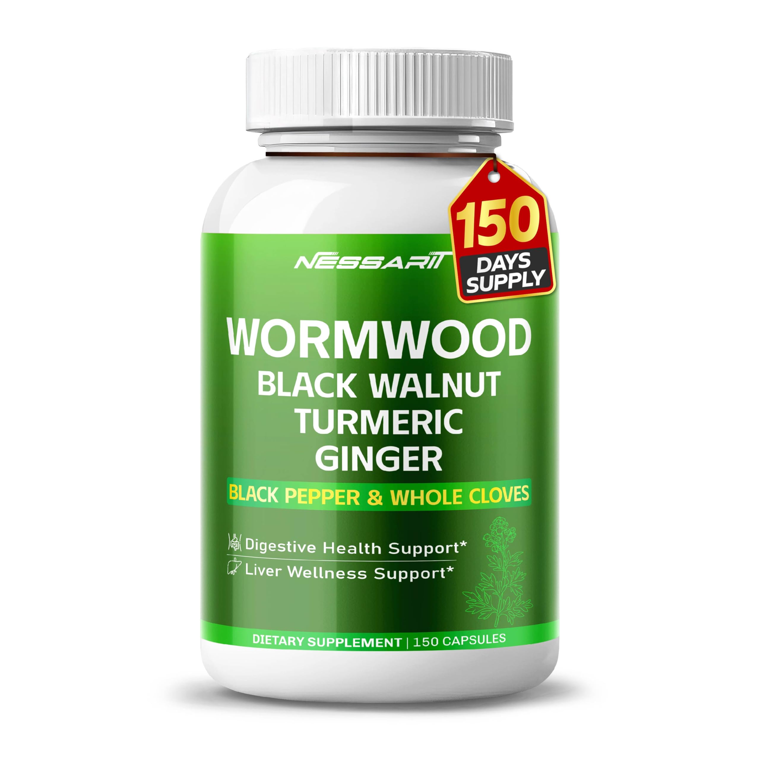 Wormwood Capsules with Black Walnut, Turmeric, Ginger, Whole Cloves, Fennel, Peppermint & Black Pepper, Botanical Supplement, 150 Count 150 Count (pack of 1)