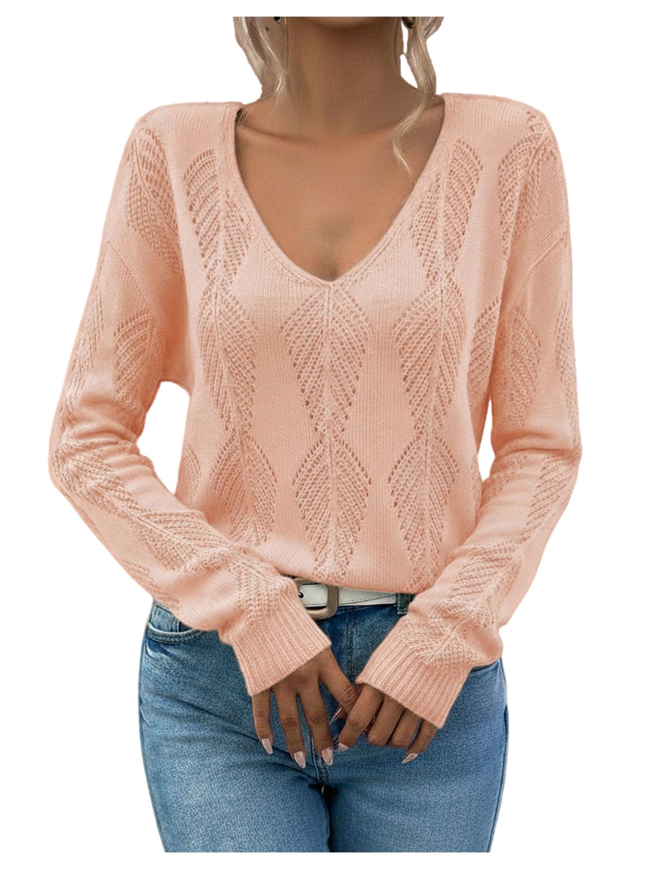 SHENHE Womens V Neck Sweater Long Sleeve Dressy Casual Fall Knit Jumper Loose Sweater