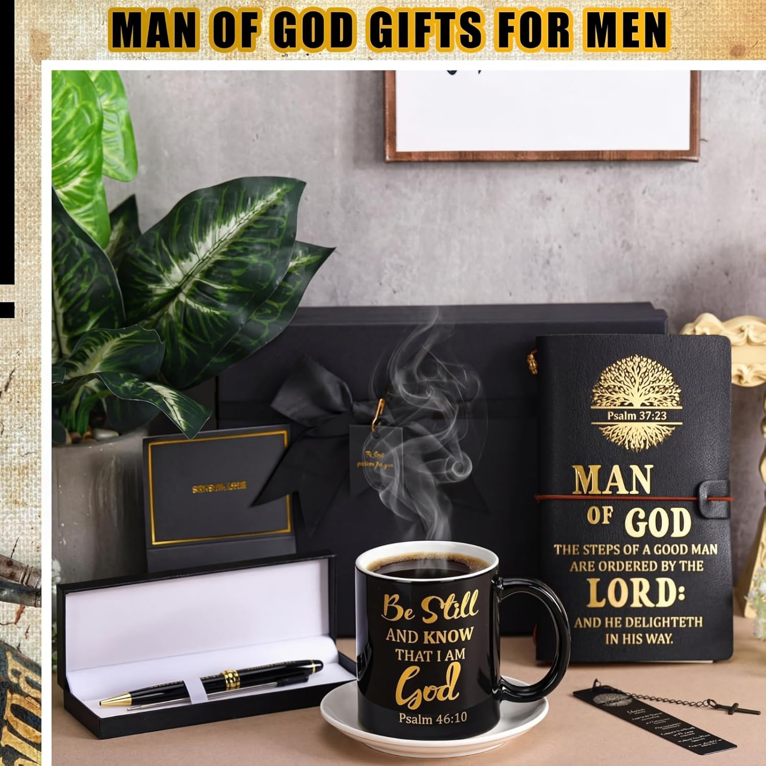Shellwei 6 Pcs Valentine's Day Christian Gift for Men Pastor 11 oz Mugs Leather Bible Notebook Pen Metal Bookmark Greeting Card Box Religious Gifts for Appreciation Day Birthday(Man of God,Black) - Image 4