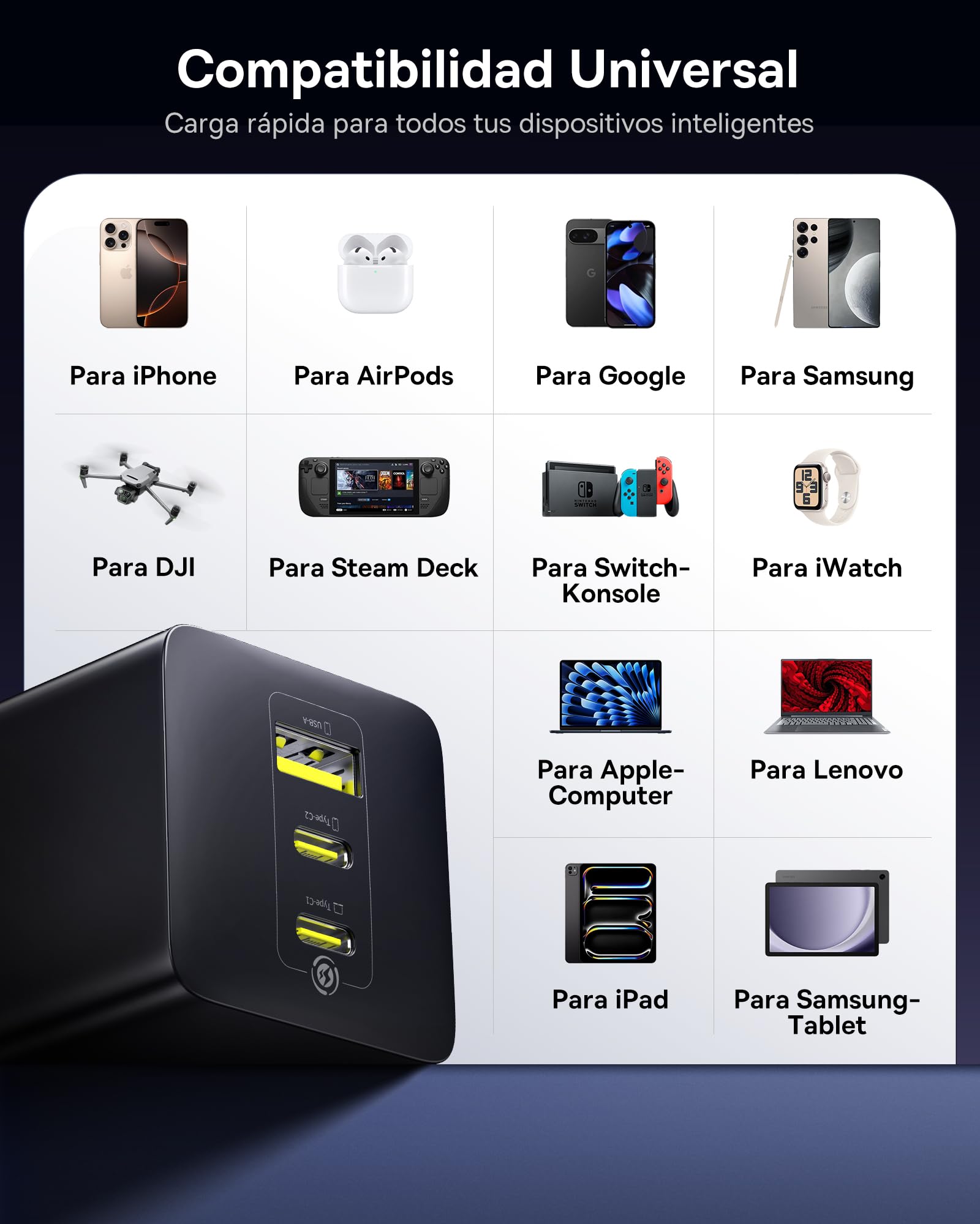 Baseus Enerfill Cargador USB C 100W, 3 Puertos USB C, PD con PPS, GAN Cargador Carga Rapida Compatible con MacBook Pro/Air, iPad Pro, iPhone 17/16/15/14/13 Serie, Galaxy S25/24, Pixel 9 8, Steam Deck