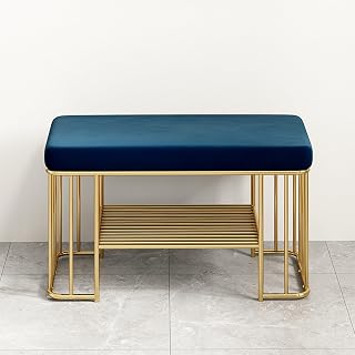 Banco Tapizado Para Almacenamiento De Zapatos, Banco De Zapatos De Entrada De 2 Niveles Con Asiento De Terciopelo Y Marco Dorado, Banco Para Zapatos Para Entrada, Pasi(Size:60 x 32 x 45 cm,Color:azul)
