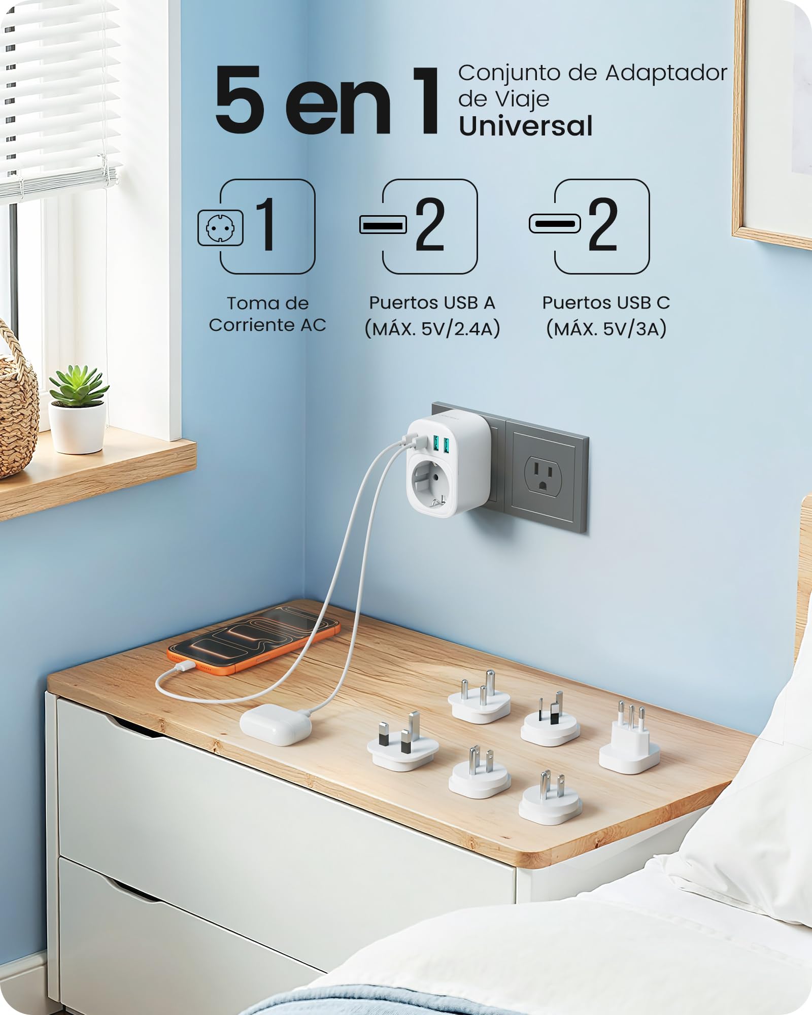 LENCENT Adaptador Enchufe Viaje Universal Tipo B, L, D, G, I,Adaptador Internacional 6 Enchufes Reemplazables para EE.UU., UK, Costa Rica, México, Tailandia, Maldivas, Sri Lanka y Australia