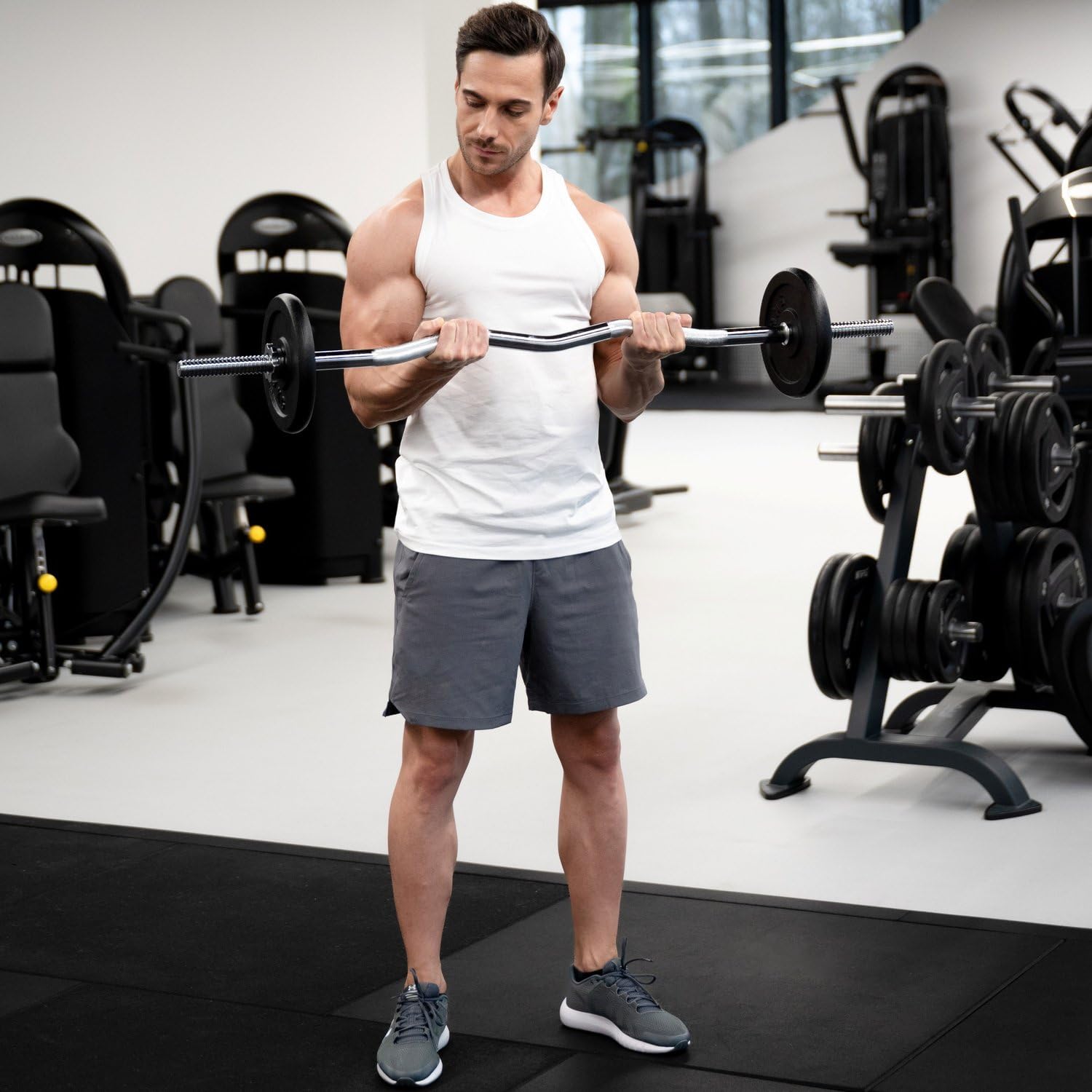 Gymtek Barra de pesas larga – Barra de pesas – Barra de pesas – Pesas – Acero endurecido – Pesos hasta 85 kg – Diámetro 27 mm – 120 cm de largo – estriada – Abrazaderas en estrella