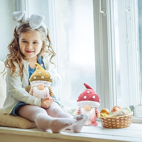 Miniatura 4 de Juego de 2 gnomos de primavera de hongos de felpa, decoraciones de Pascua, regalo hecho a mano, figuras de elfo enano para el hogar, cocina, granja,