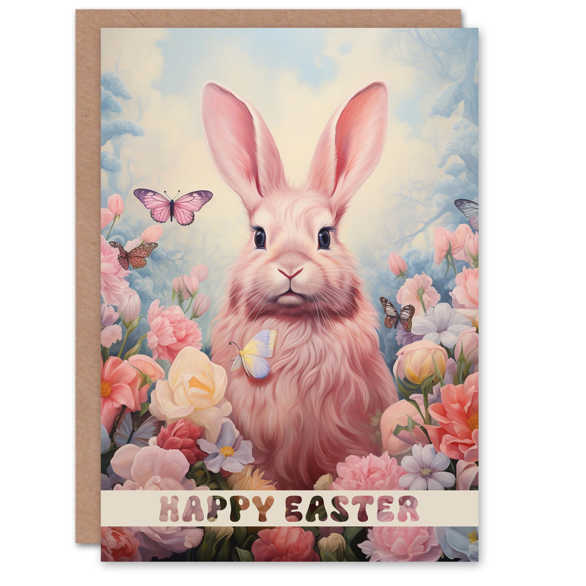 Artery8 Women's Easter Card Pink Bunny Rabbit Butterfly Flowers