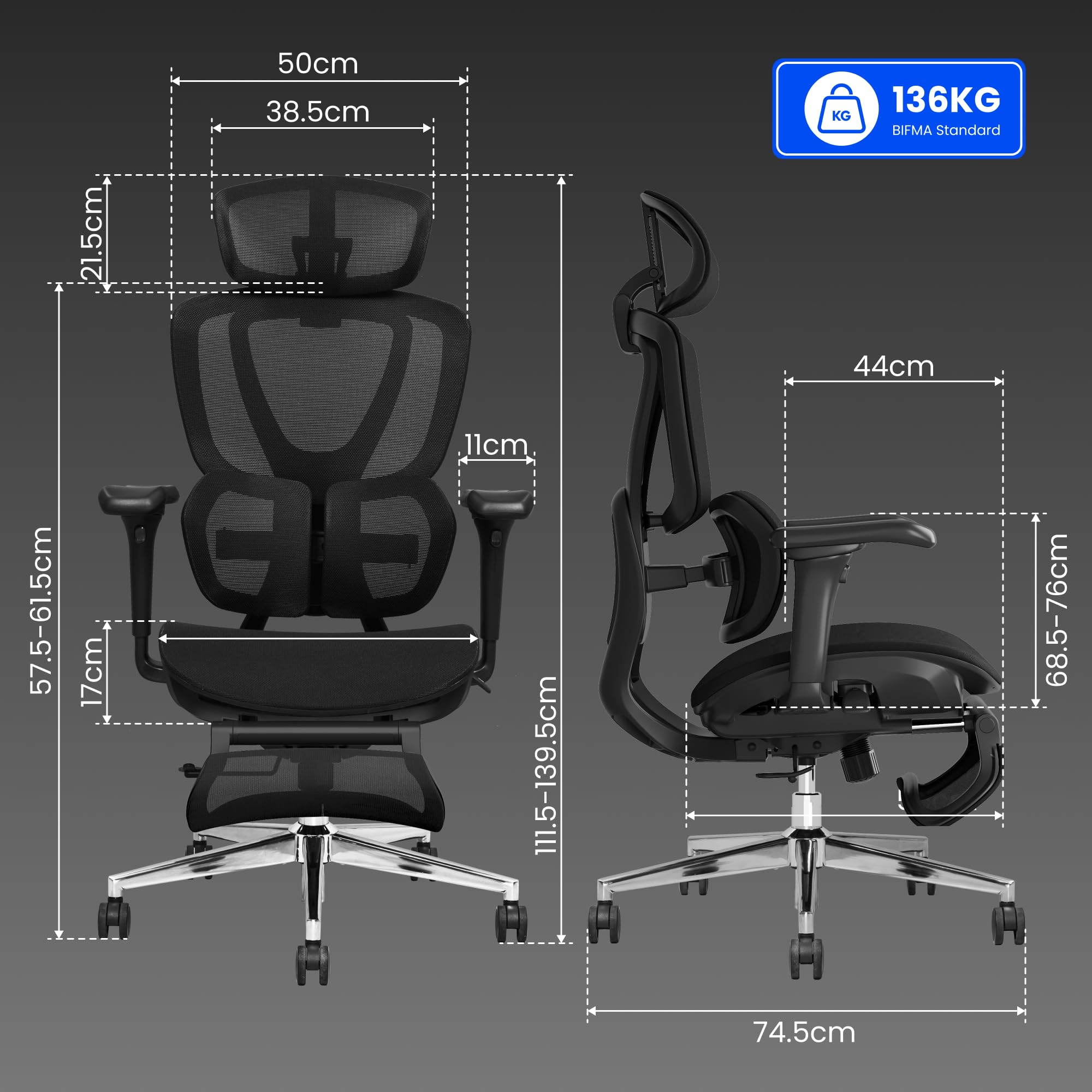 FLEXISPOT OC8 Silla Escritorio con Reposapiés, Silla Ergonomica Escritorio con Soporte Lumbar de Doble ala, Reposacabezas 3D, Respaldo 3 Niveles y Asiento de Profundidad Ajustable, Negro