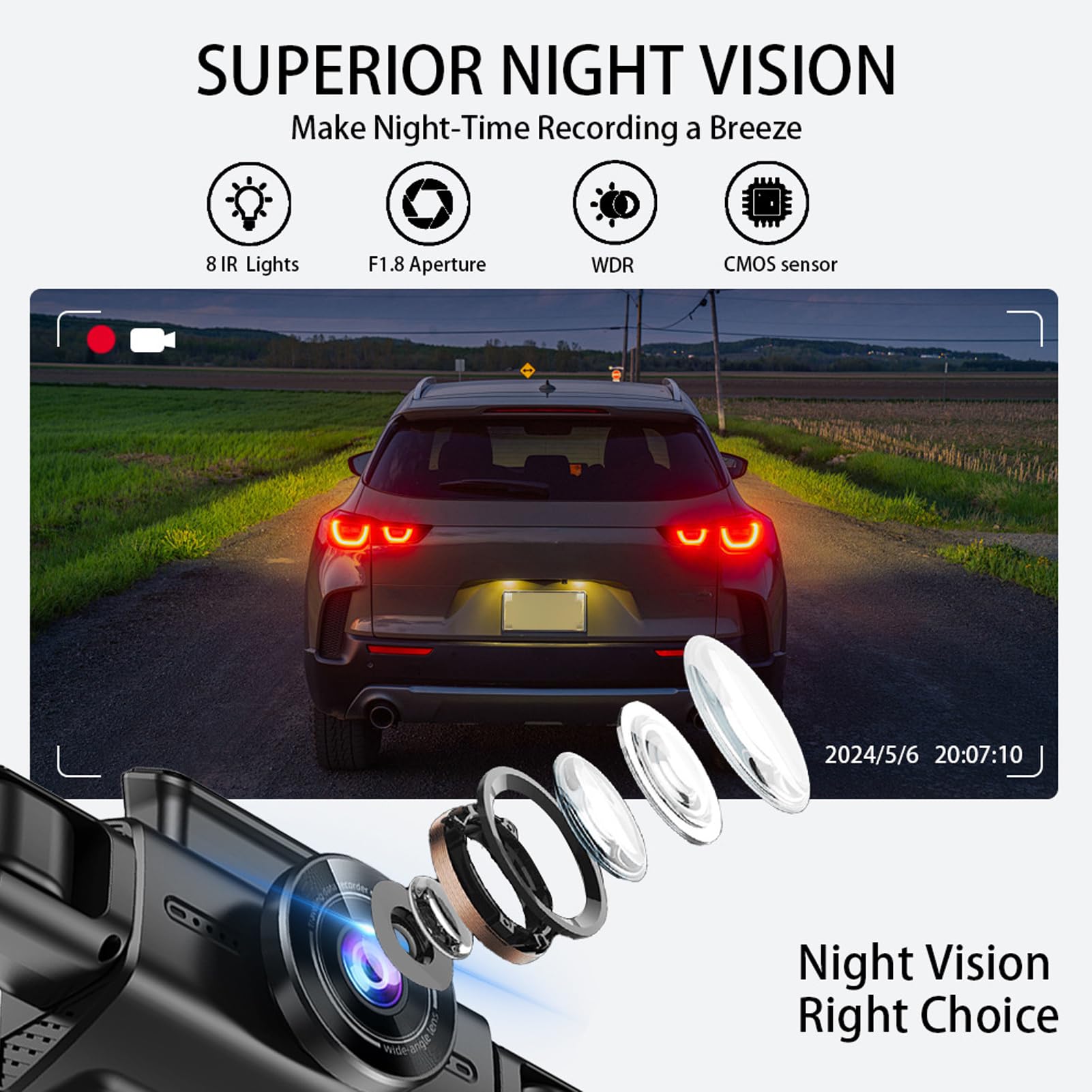 Annadue Fotocamera Anteriore e Posteriore e All'interno e All'interno della Dash Cam, 2K+1080p+2x480p WiFi CASHCAM DASHCAM CAMERA, SUPER Night Vision, Alimentazione più Leggera, con