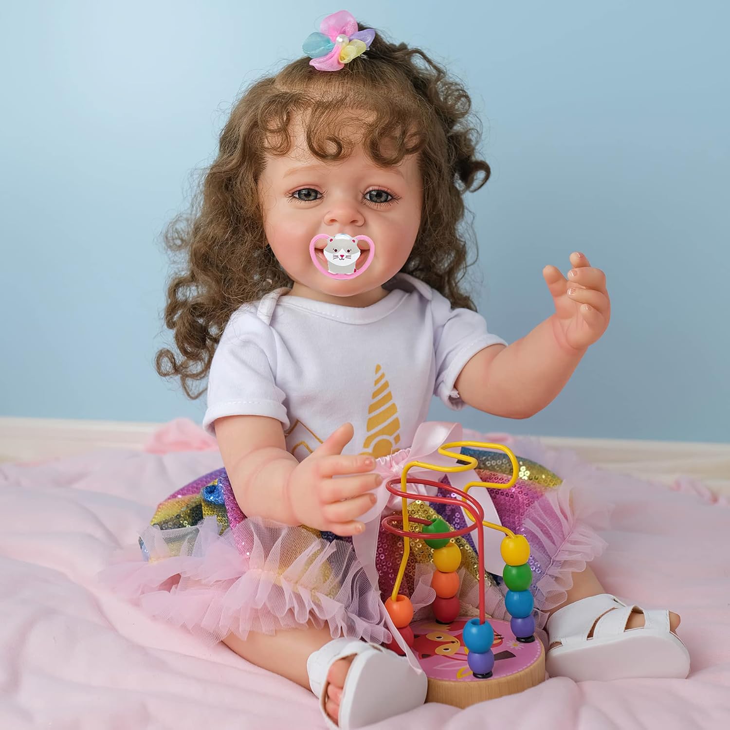 TERABITHIA 22 Inches Rooted Blond Curly Hair Lifelike Reborn Baby Doll Crafted in Vinyl Full Body Anatomically Correct Newborn Realistic Smiling Toddler Boy Dolls with Teeth Look Real