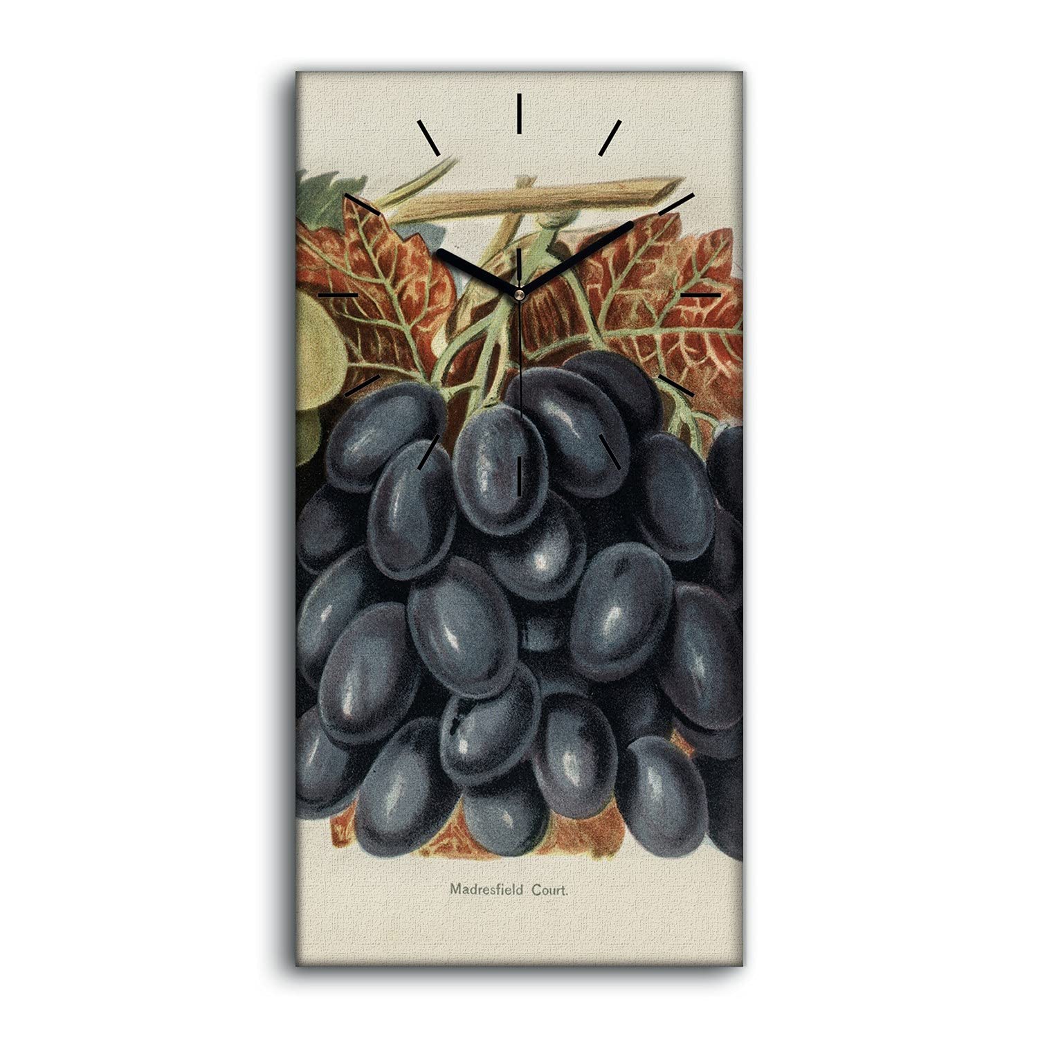 Horloge sur toile fruits et grapes 30x60cm pour salon moderne avec aiguilles noires