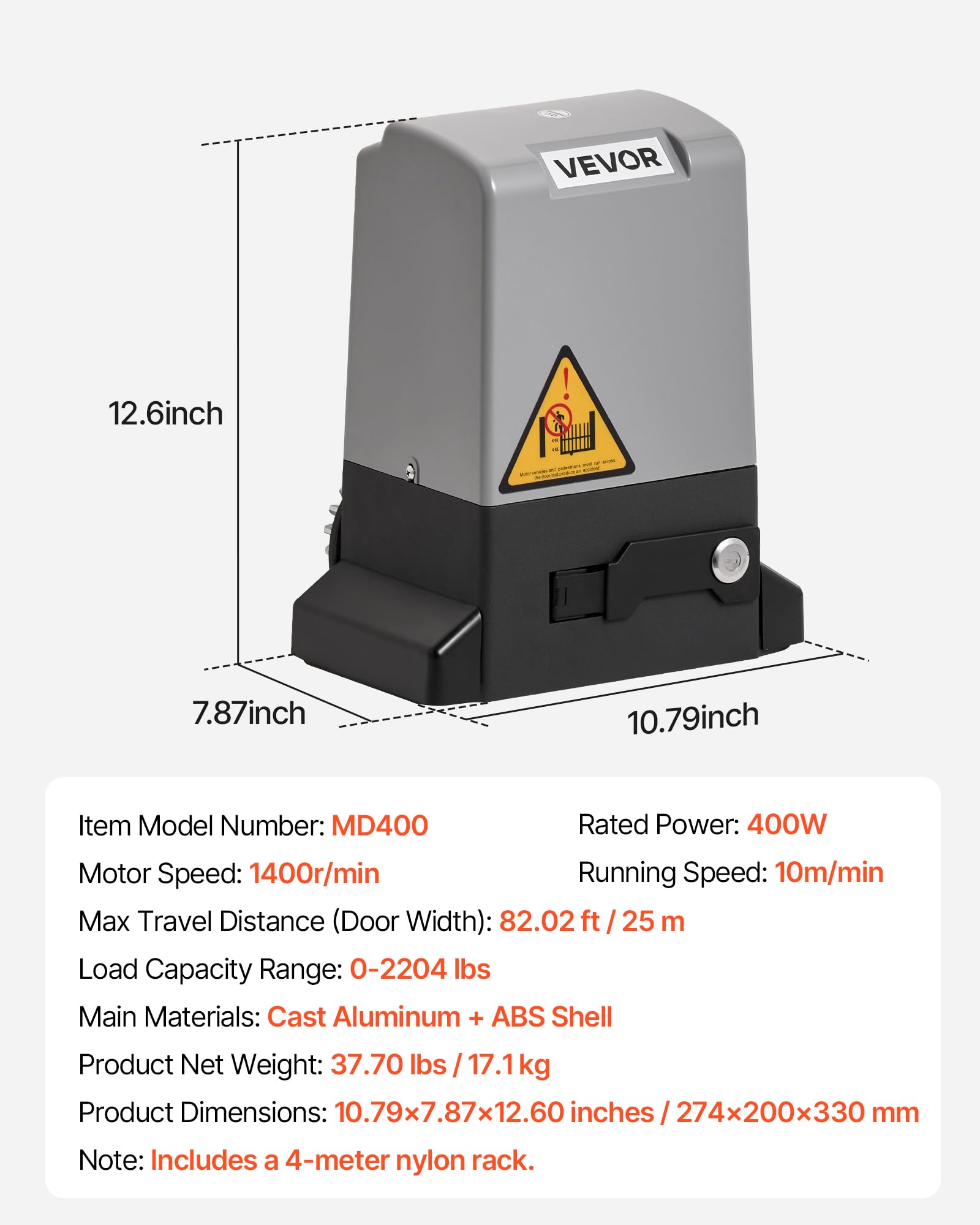 VEVOR Abridor de Puerta Corrediza Eléctrico 400 W para Puertas de hasta 25 m Carga de 1000 kg con Cremallera de Nailon, Sensor Infrarrojo, 2 Controles Remotos, Sistema de Apertura de Portones 10 m/min