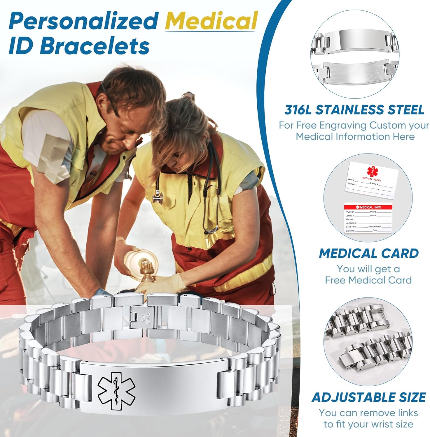 Gamtic Personalized Medical Alert Bracelet Customizable Emergency ID Bracelet Watch Band Style Bracelets Free Engraved Alert Bracelets for Allergy Epilepsy Diabetic Seizure Alzheimers Autism - Image 4