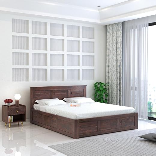 Ganpati Arts Sheesham Wood Swiss King Size Bed with Box Storage | Wooden Double Bed Cot Palang Furniture for Bedroom Livin...
