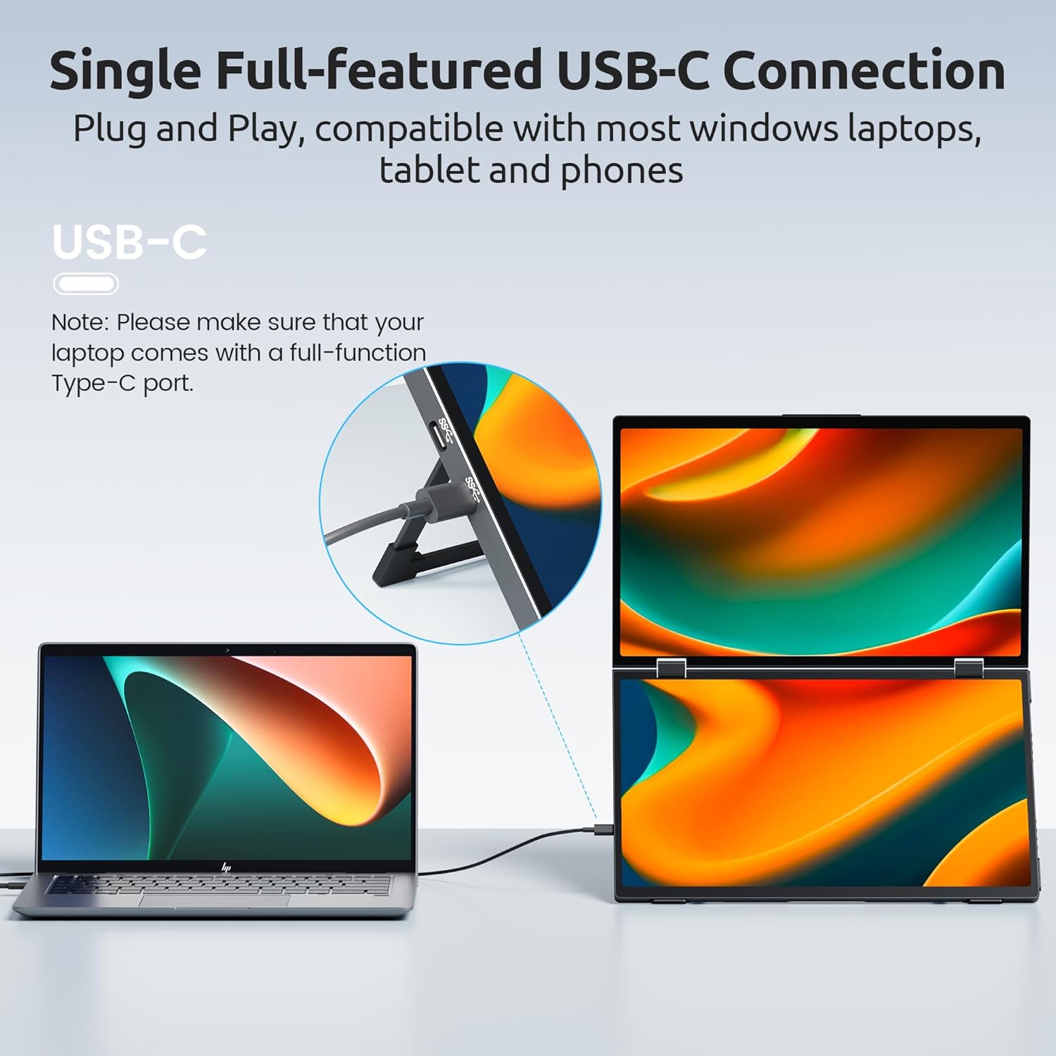 Laptop connected to the portable dual monitor via a single USB-C cable, illustrating the plug-and-play setup.